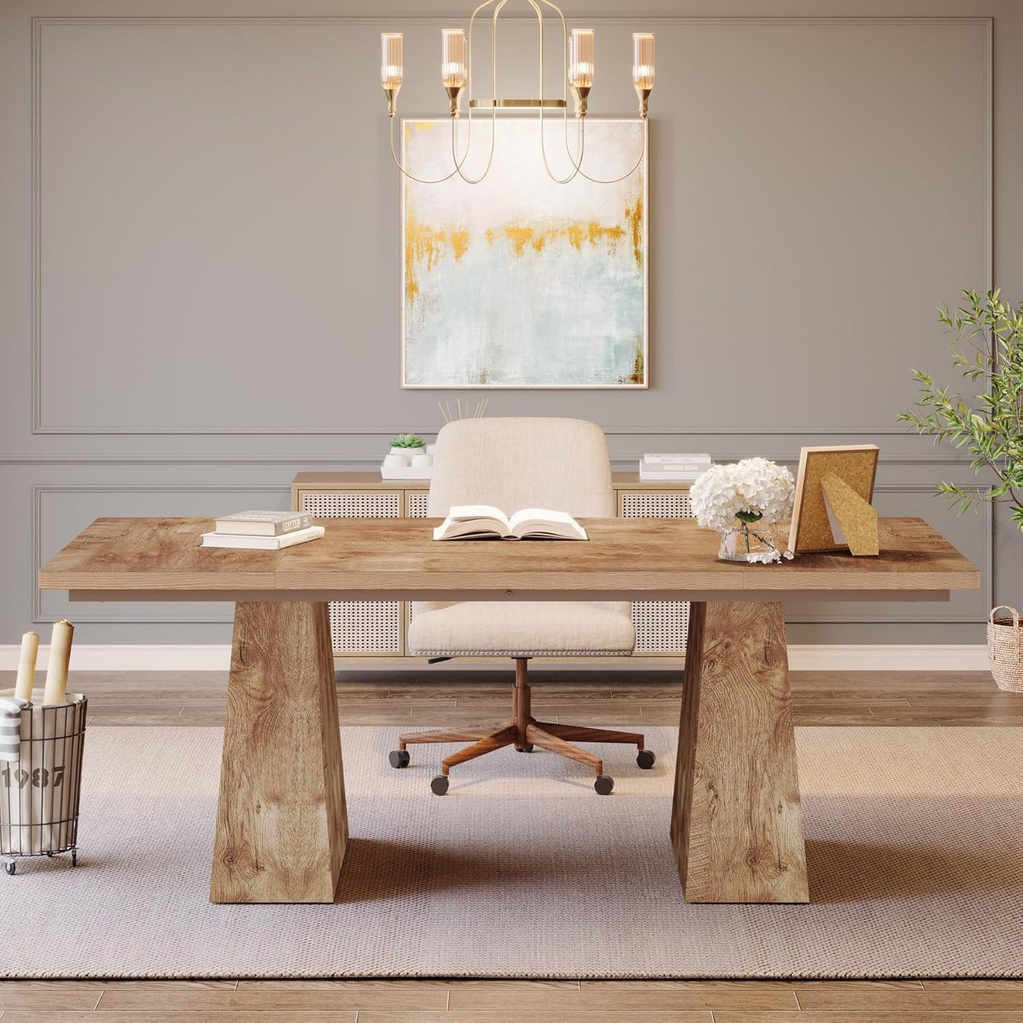 Tribesigns 63-Inch Executive Desk, Large Office Computer Desk with Double Pedestal, Modern Simple Workstations Writing Table Conference Table Business Furniture for Home Office, Natural