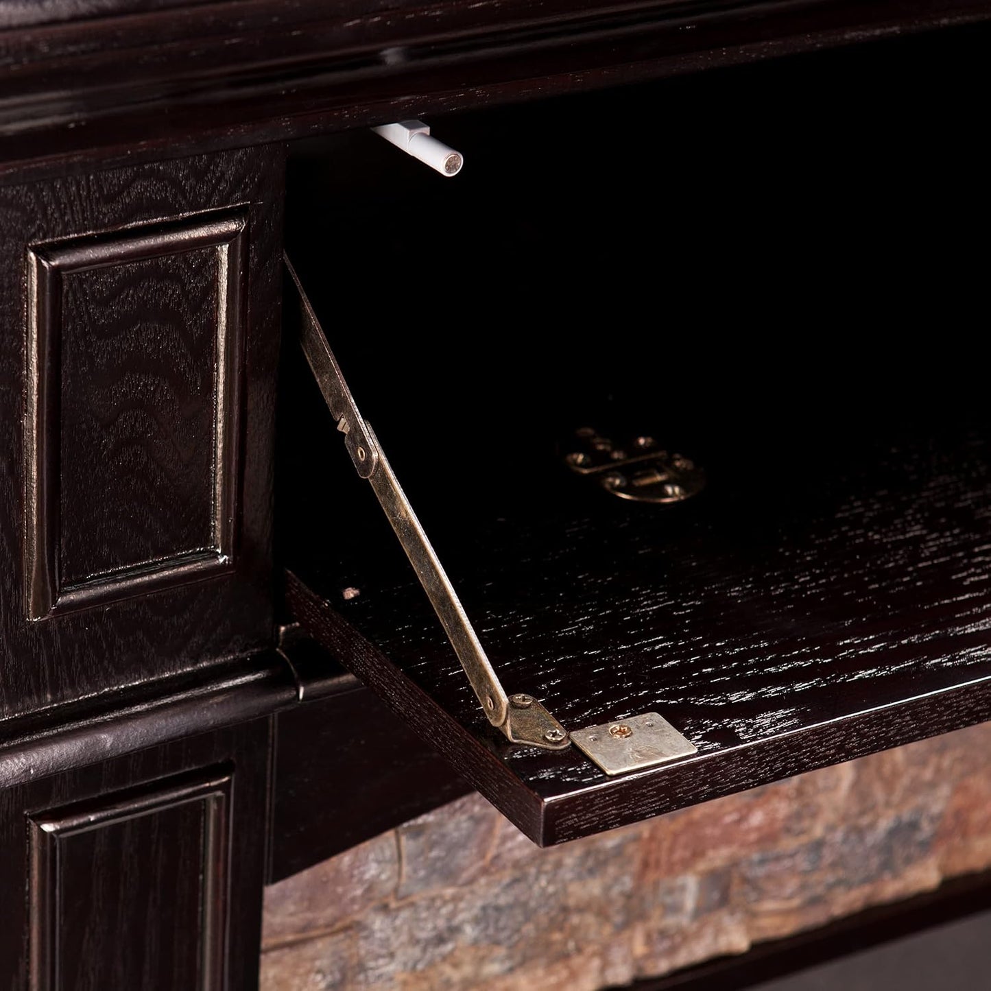 SEI FURNITURE Grantham Faux Stone Corner Electric Media Fireplace, Ebony Finish.