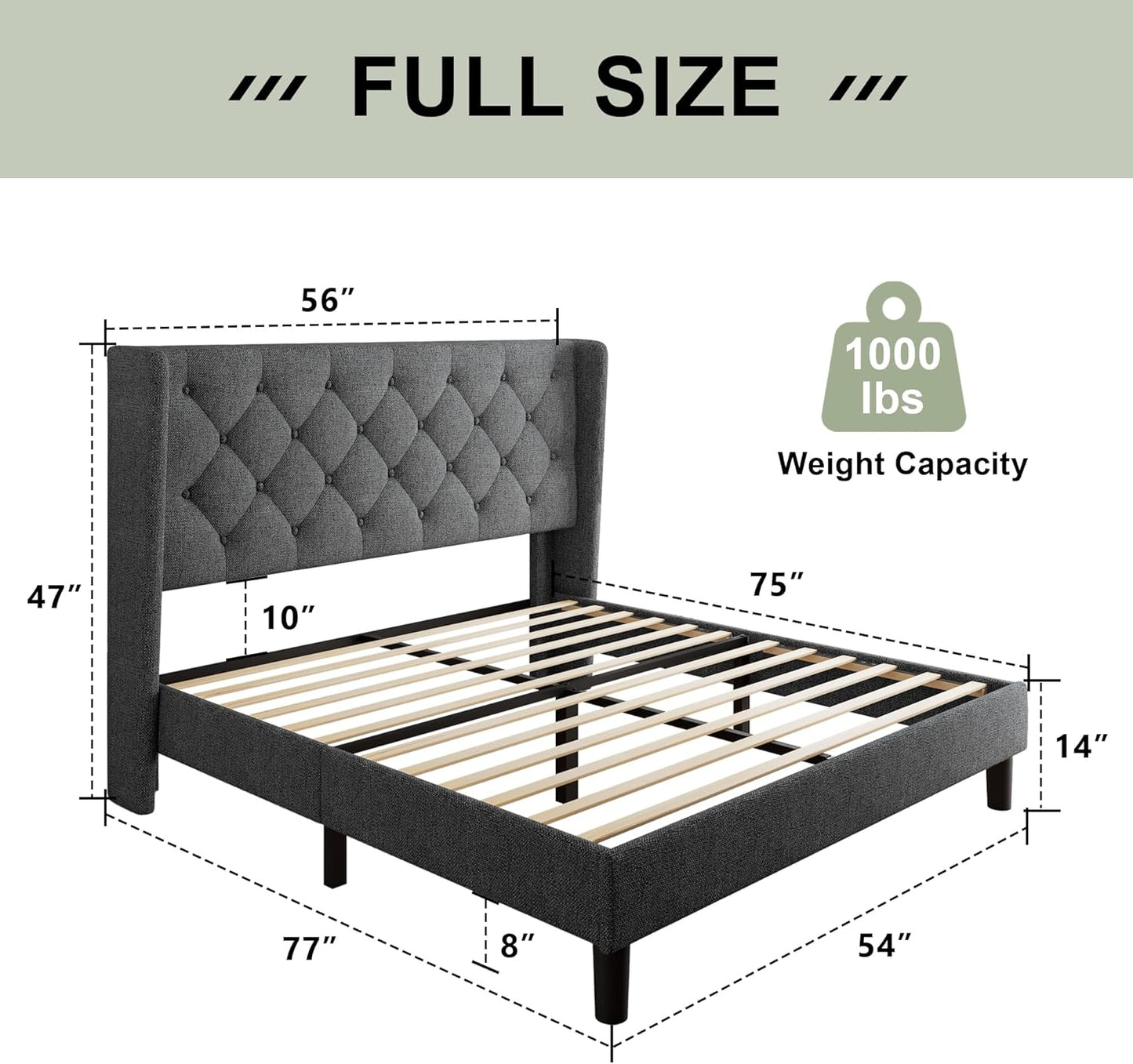 Feonase Full Size Bed Frame with Upholstered Wingback Headboard, Platform Bed and Heavy Duty Wooden Slats Support, Easy Assembly, Noise-Free, No Box Spring Needed, Dark Gray