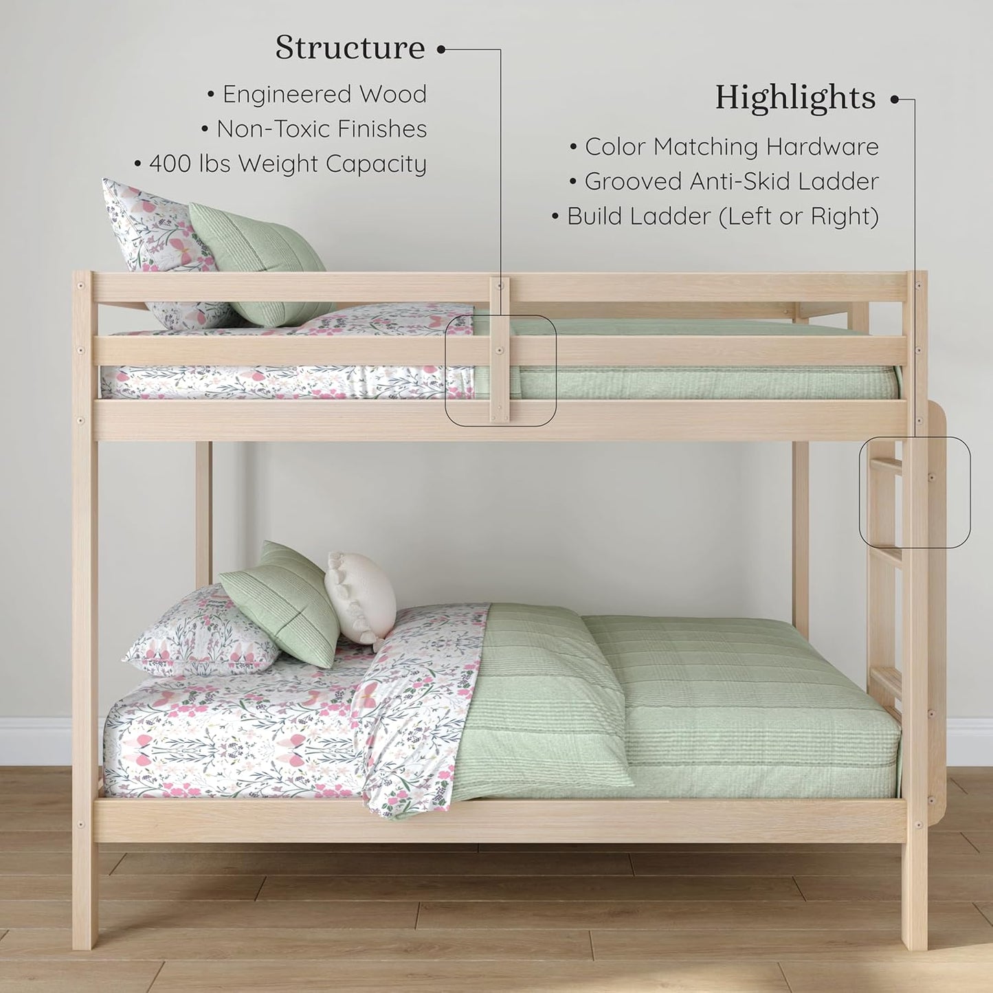 Grain & Grove Bear Twin Over Twin Bunk Bed, Sturdy Bunk Bed Frame for Kids, Plywood Bunk with Ladder, Guardrail, and Slats, No Box Spring Required, Oak Embossed Natural