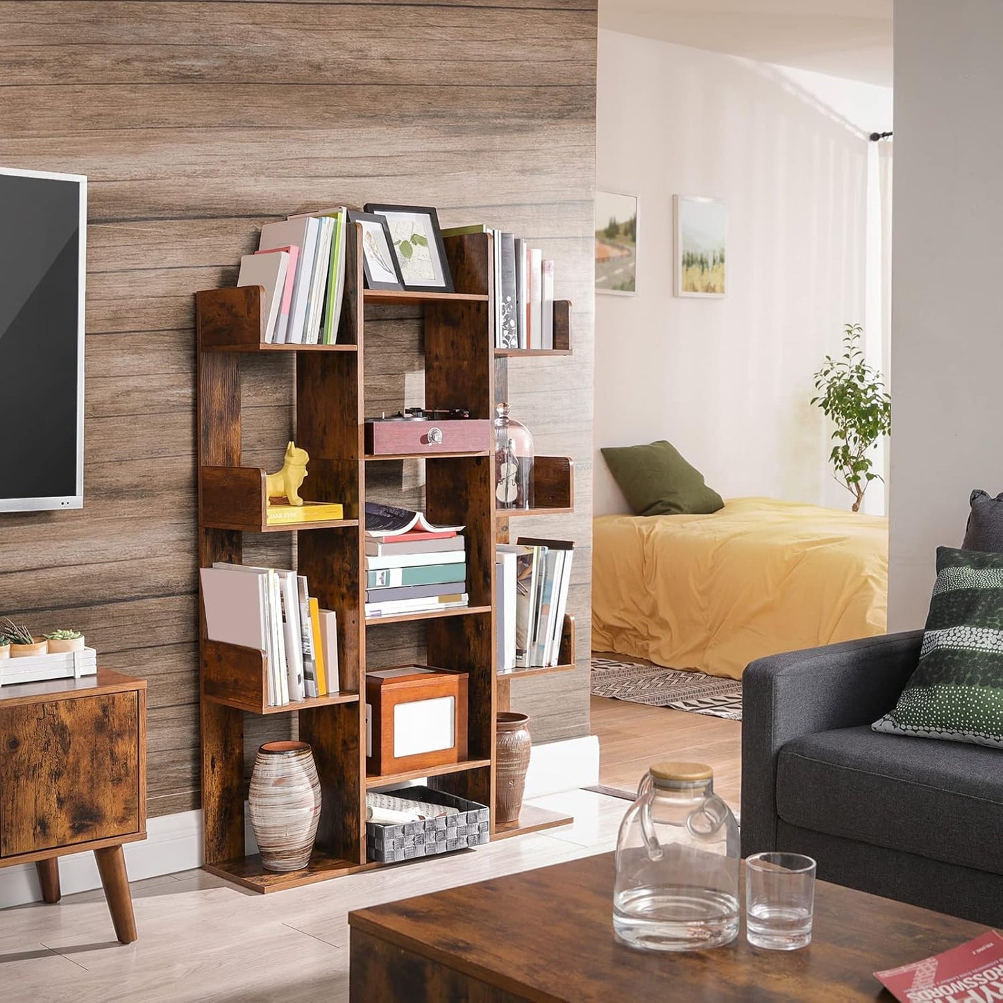 VASAGLE Bookshelf, Tree-Shaped Bookcase with 13 Storage Shelves, Rounded Corners & 9-Tier Floor Standing Tree Bookshelf, with Shelves for Living Room, Home Office, Rustic Brown ULBC11BX