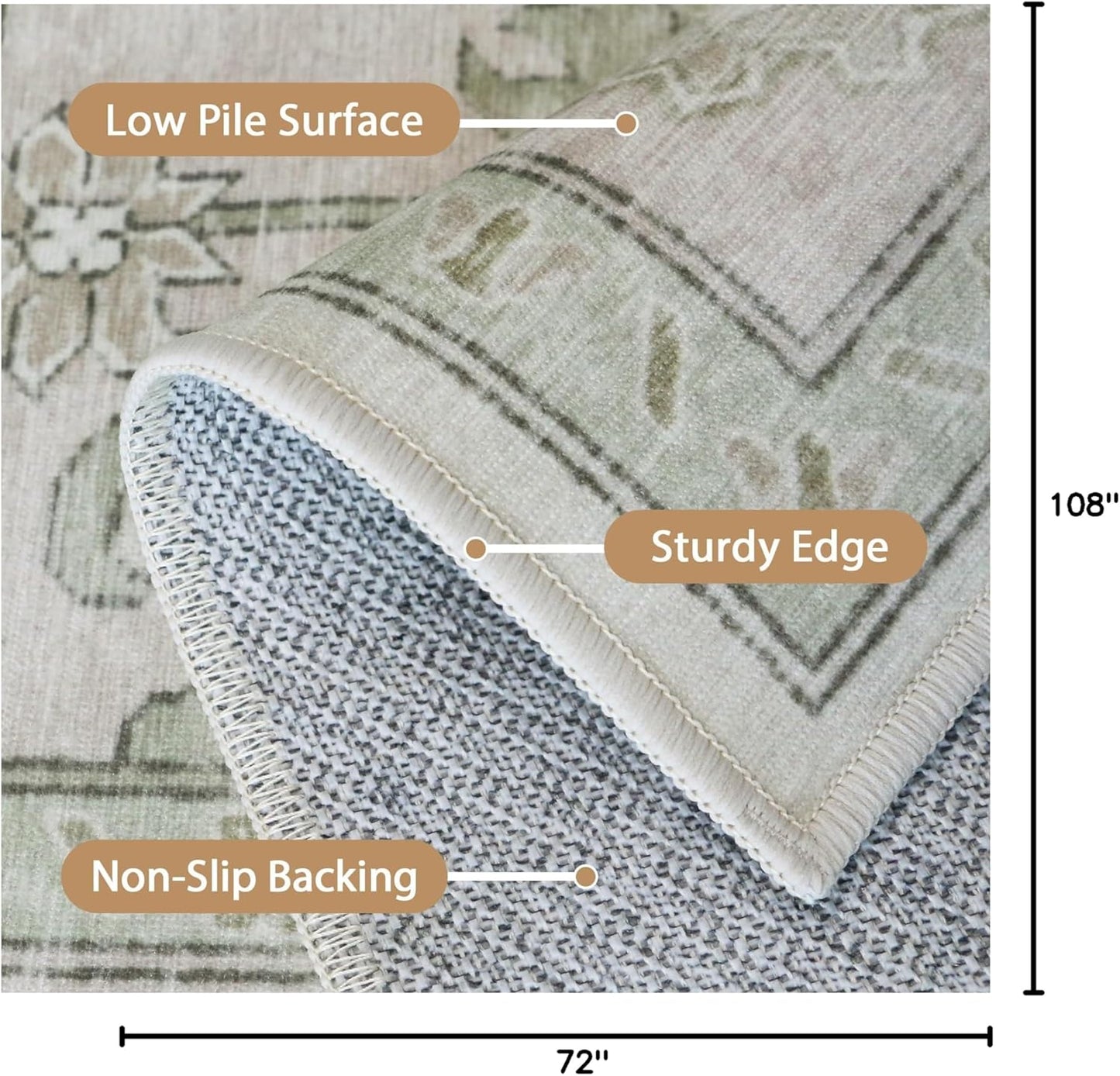 GENIMO 6x9 Area Rugs for Living Room, Machine Washable Non Slip Vintage Rugs, Low Pile Lightweight Chenille Print Rug for Bedroom, Dining Room, Home Office, Oat Light