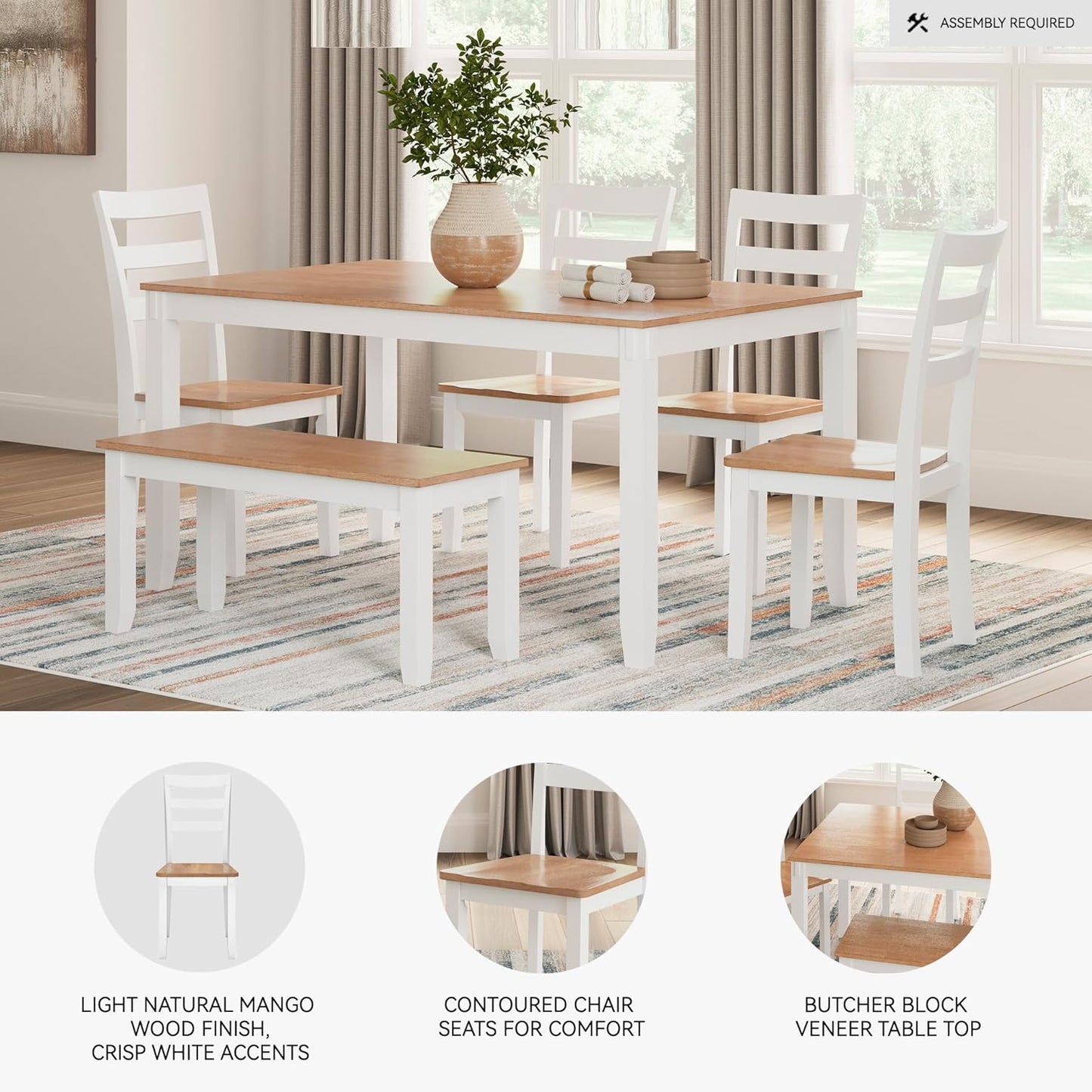 Signature Design by Ashley Gesthaven Modern Dining Table with 4 Chairs and Bench, Set of 6, White & Light Brown