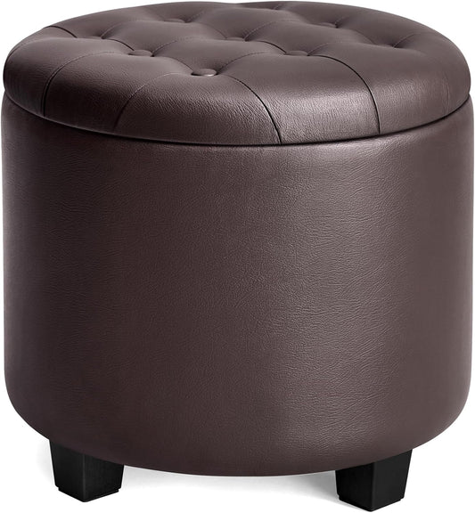 SONGMICS Round Ottoman, Ottoman with Storage, 17.7 x 17.7 x 17.5 Inches, Foot Rest with Legs, Synthetic Leather, Load up to 330 lb, for Living Room, Bedroom, Chestnut Brown ULOM014K01