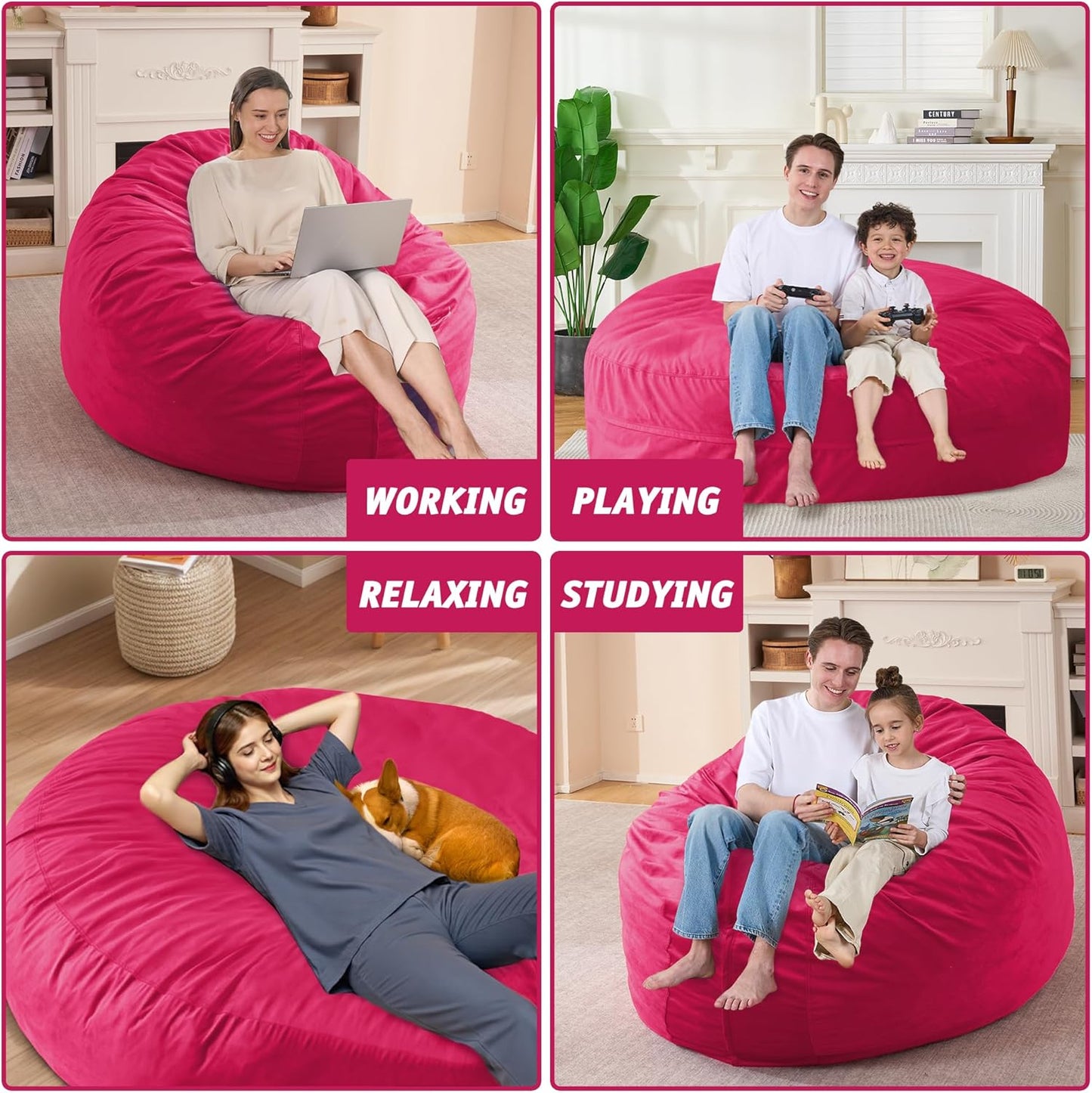 7FT Bean Bag Chair with Ultra Soft Velvet Cover Bean Bag Sofa with Memory Foam Bean Bag Chairs with Large Size Lazy Sofa for Dorm Office Living Room Bedroom Hot Pink 7'