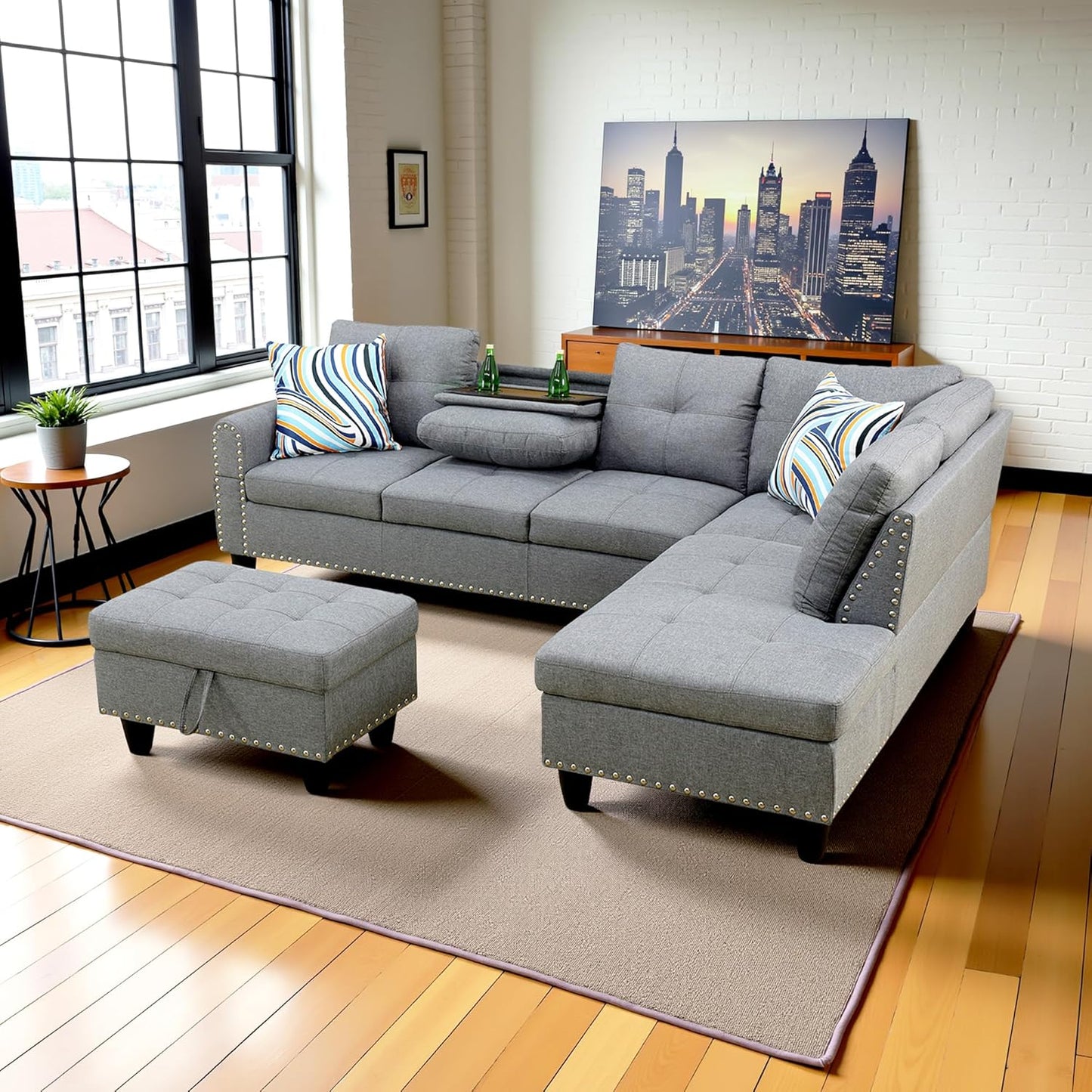 Couches for Living Room Modern L Shaped Couch Comfy Linen Fabric 3 Pieces Sectional Sofa with Chaise, Ottoman with Storage for Office and Small Apartment, Charcoal