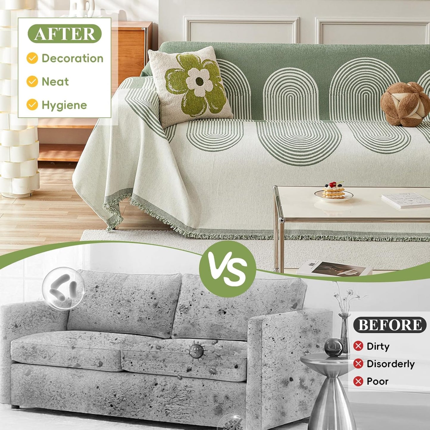 STACYPIK Modern Green Striped Couch Cover for Pets, Boho Geometric Sofa Cover for 2 Cushion Couch, Boho Chenille Sofa Cover for Dogs, Sofa Slipcover for Sectional, Throw Cover for Loveseat-71X118IN