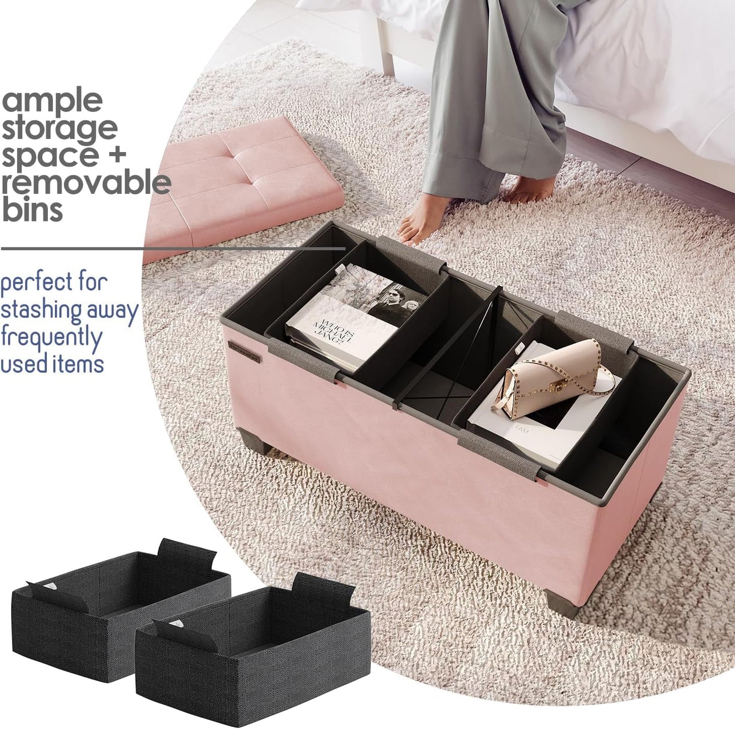 STORAGEBUD Storage Ottoman Bench with Bins, 30-in Storage Bench for Bedroom End of Bed, Folding Foot Rest Ottoman for Living Room Max 660lbs, Faux Leather Ottomans, Pink
