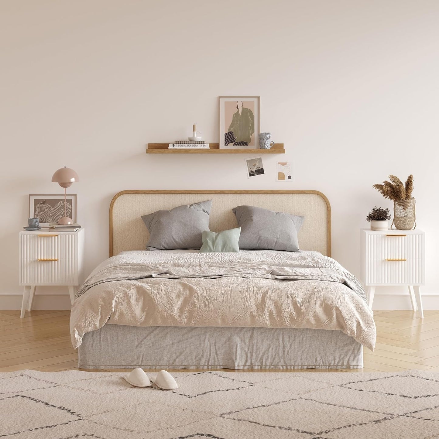 Fluted Nightstand with 2 Drawers,Modern Bedside Table with Metal Handles,White Side Table with Solid Wood Legs,Mid Century End Table for Living Room,Bedroom,White CTG55W