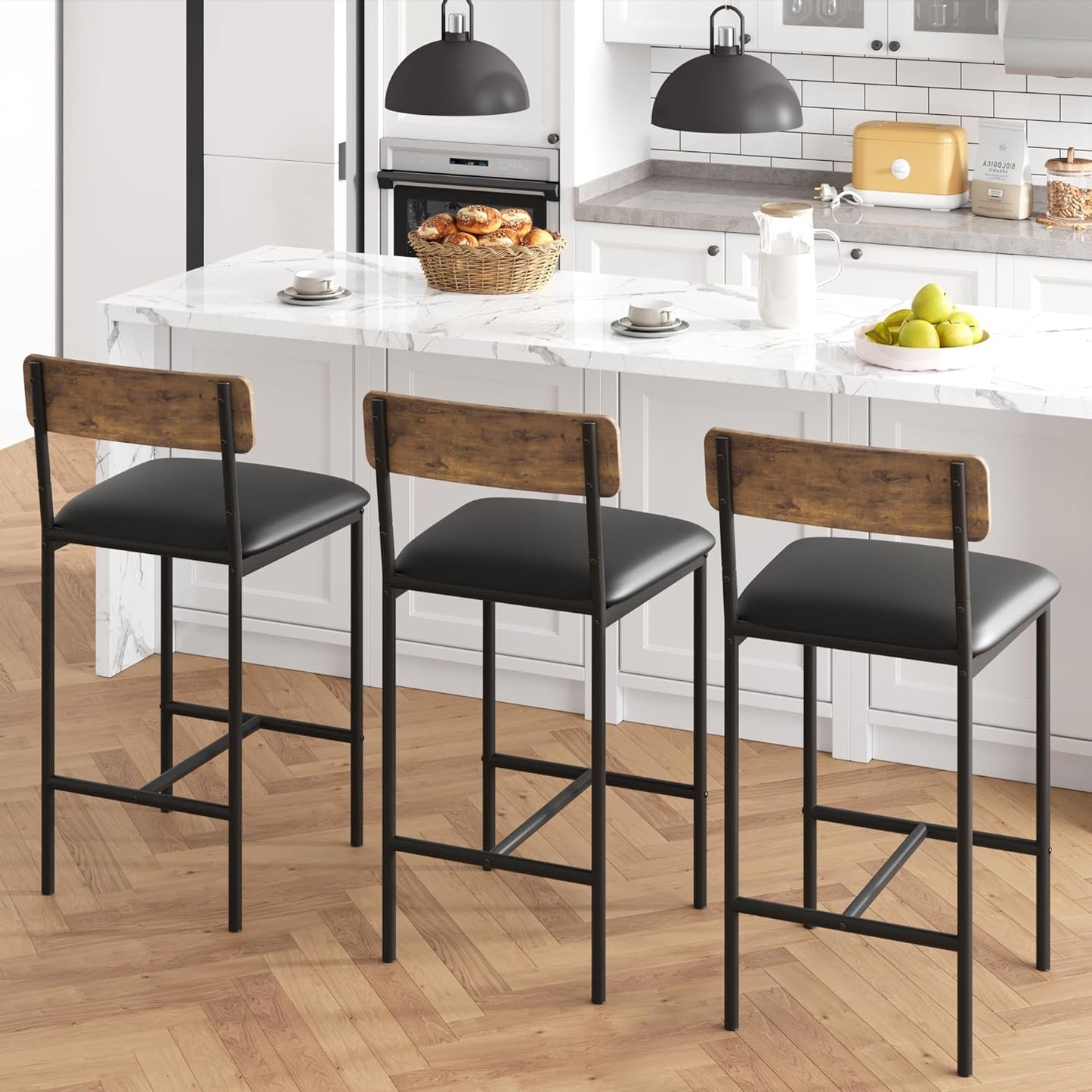 GarveeHome Bar Stools Set of 2, Upholstered Height Bar Stools with Backrest and Footrest, Kitchen Barstools for Island,Counter Bar, Easy Assembly, Rustic Brown