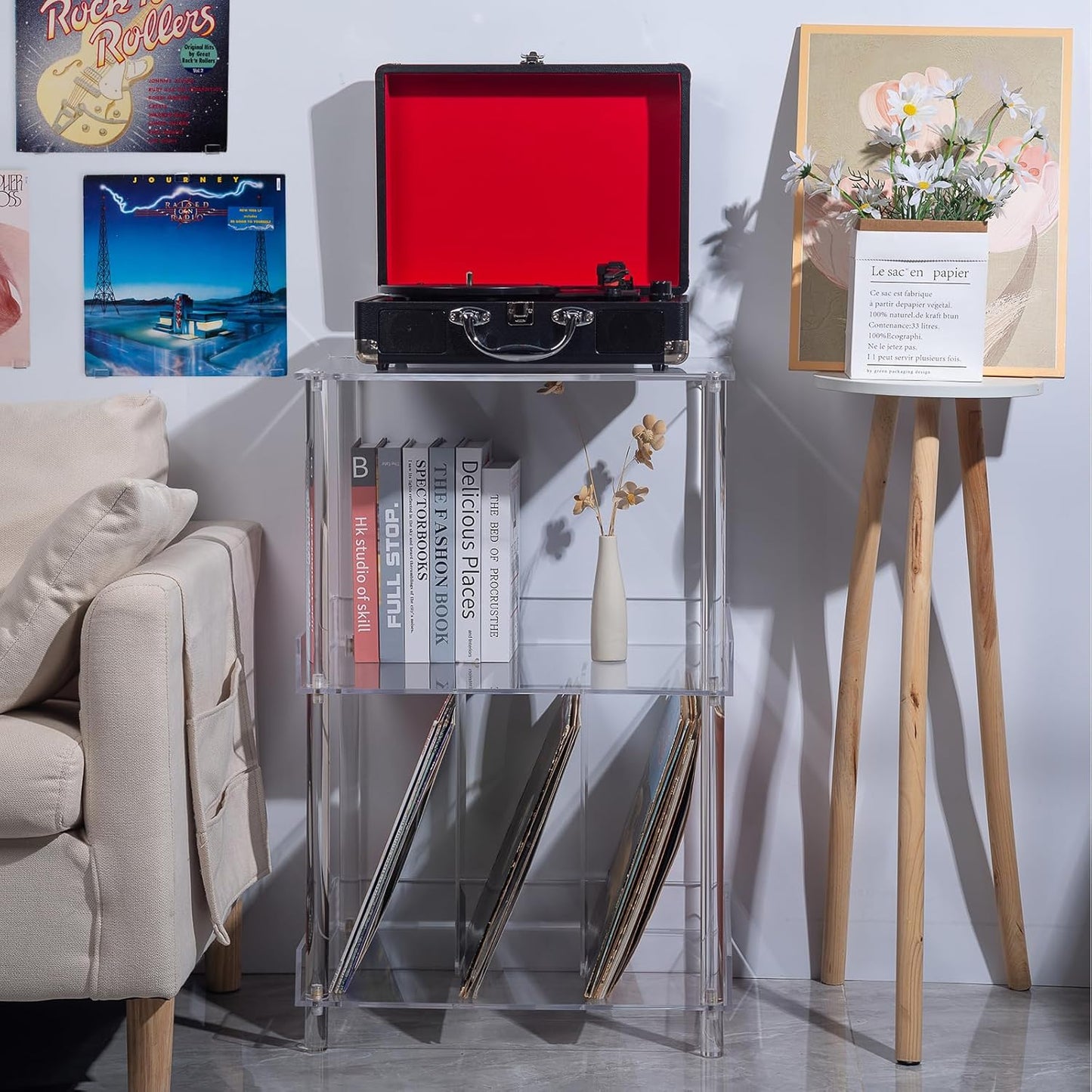 Antilope 18x14 Acrylic Record Player Stand with Vinyl Storage, 3 Tiers Large Turntable Stand Holder Up to 200 Albums, Record Player Table Cabinet Organizer for Living Room Bedroom Corner (Clear)