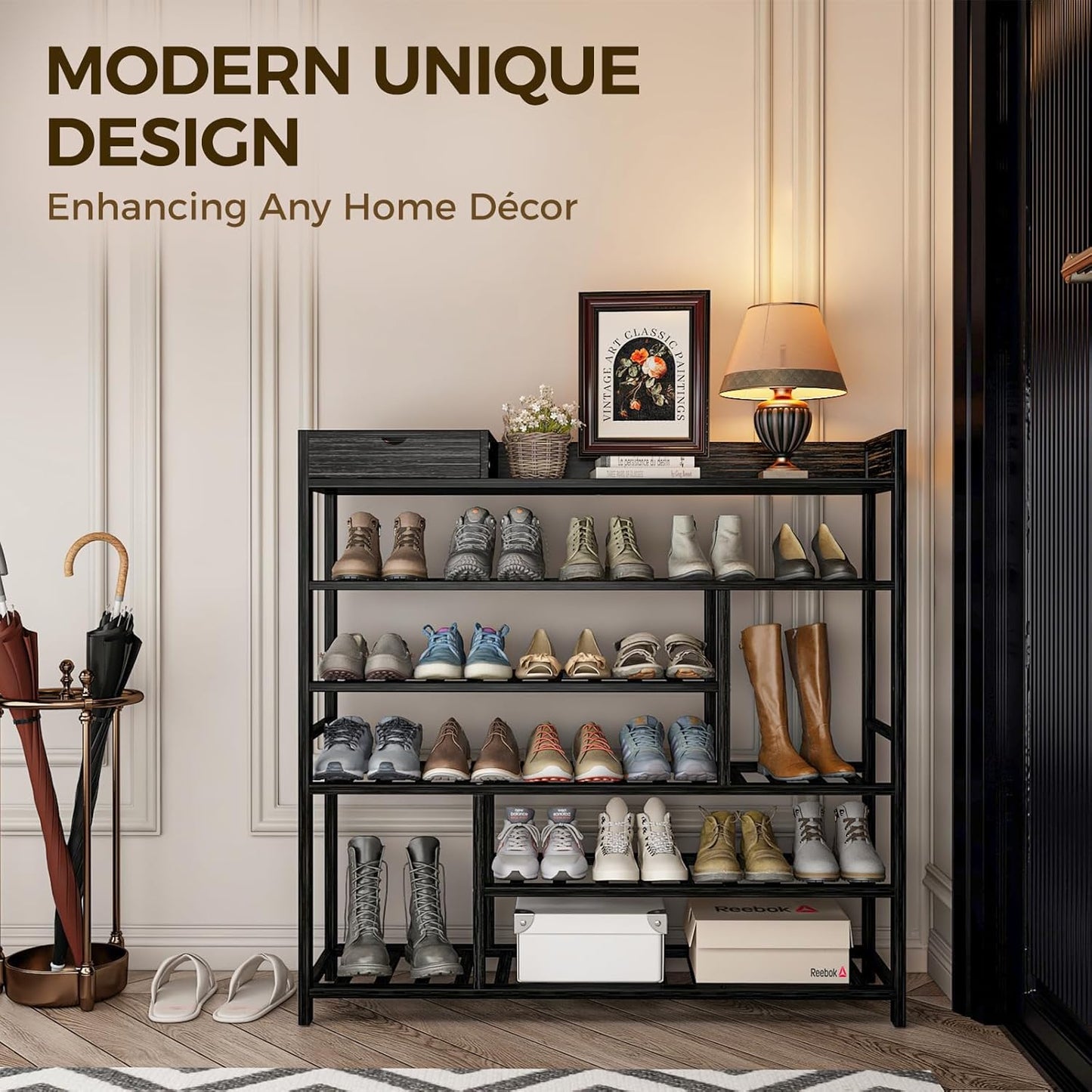 Bamworld Shoe Rack for Front Door Entrance Bamboo Shoe Organizer with Storage Box Free Standing Shoe Cabinet Shoe Storage Shelf for Entryway, Closet and Doorway (Black)