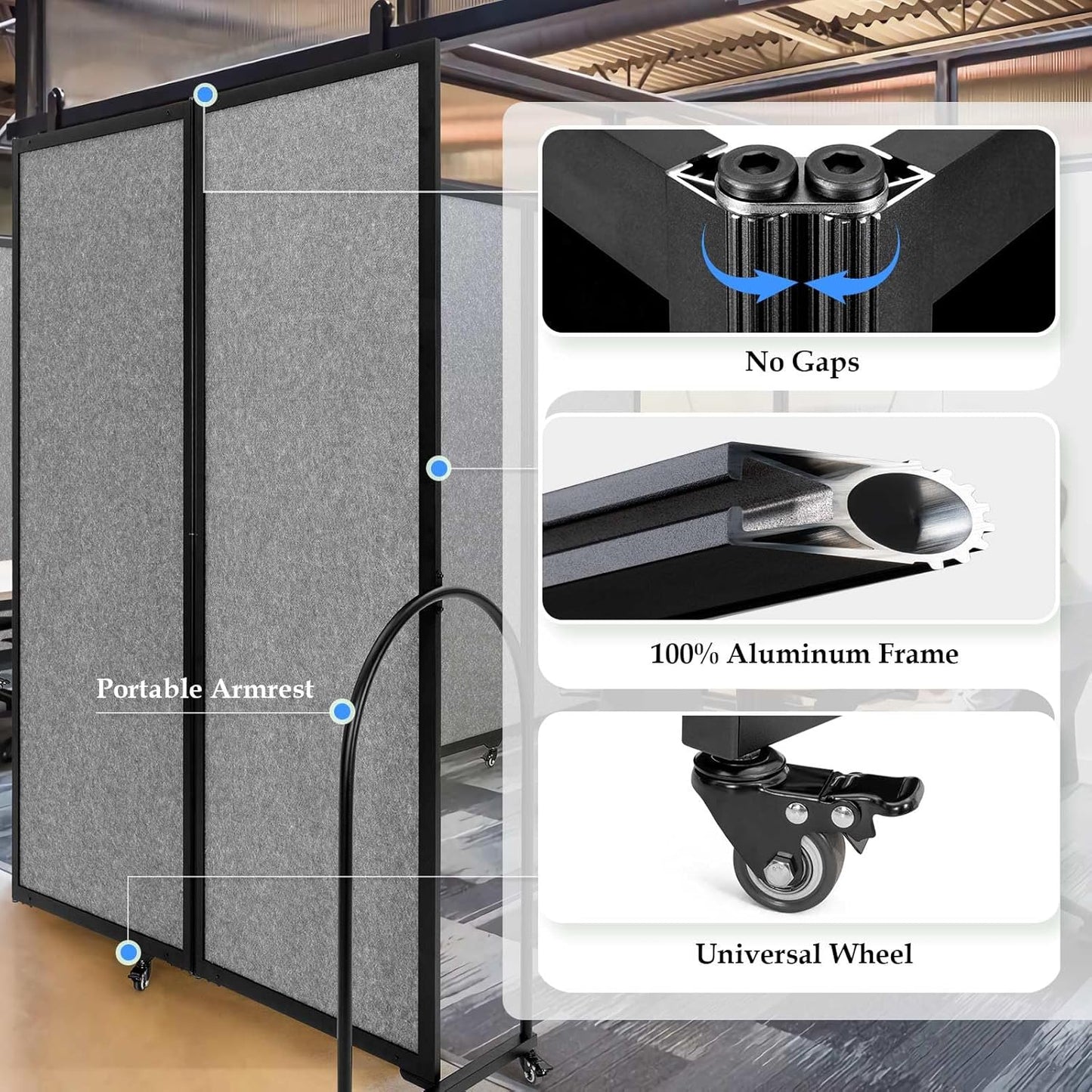 Folding Room Partition,Privacy Room Screen with Arms,Office Dividers Partition Wall,14'3"L* 6'7"H,Light Grey
