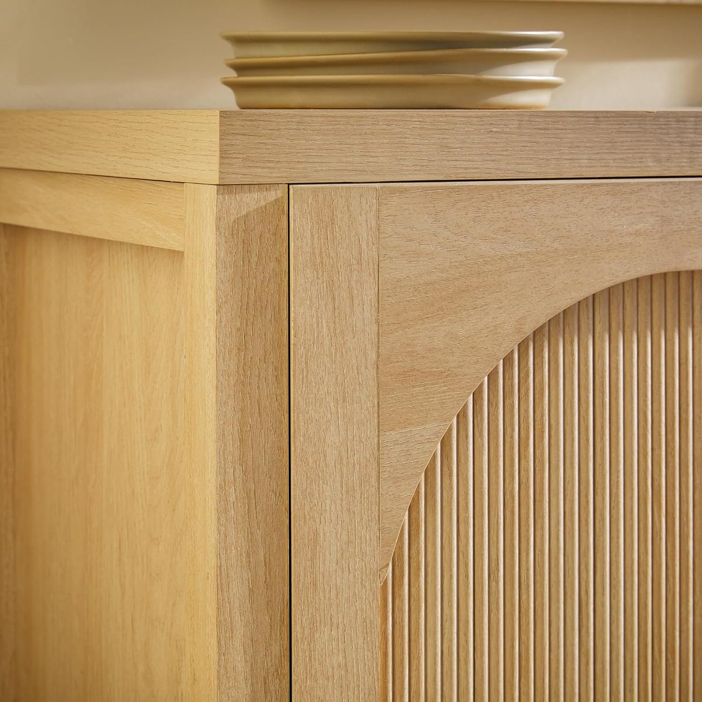 Walker Edison Sasha 4-Door Reeded Sideboard Buffet with Cord Management, 70 Inch, Coastal Oak