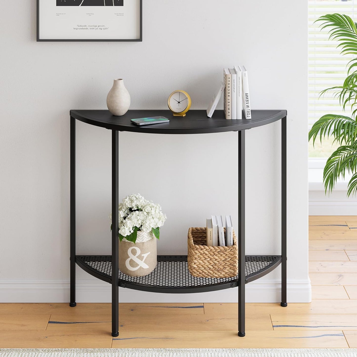 Console Table 2 Tier Narrow Entryway Table with Storage,Half Moon Sofa Couch Table,Small Hallway Entry Way Tables,Wooden Accent Side Table for Living Room Coffee Table,Black