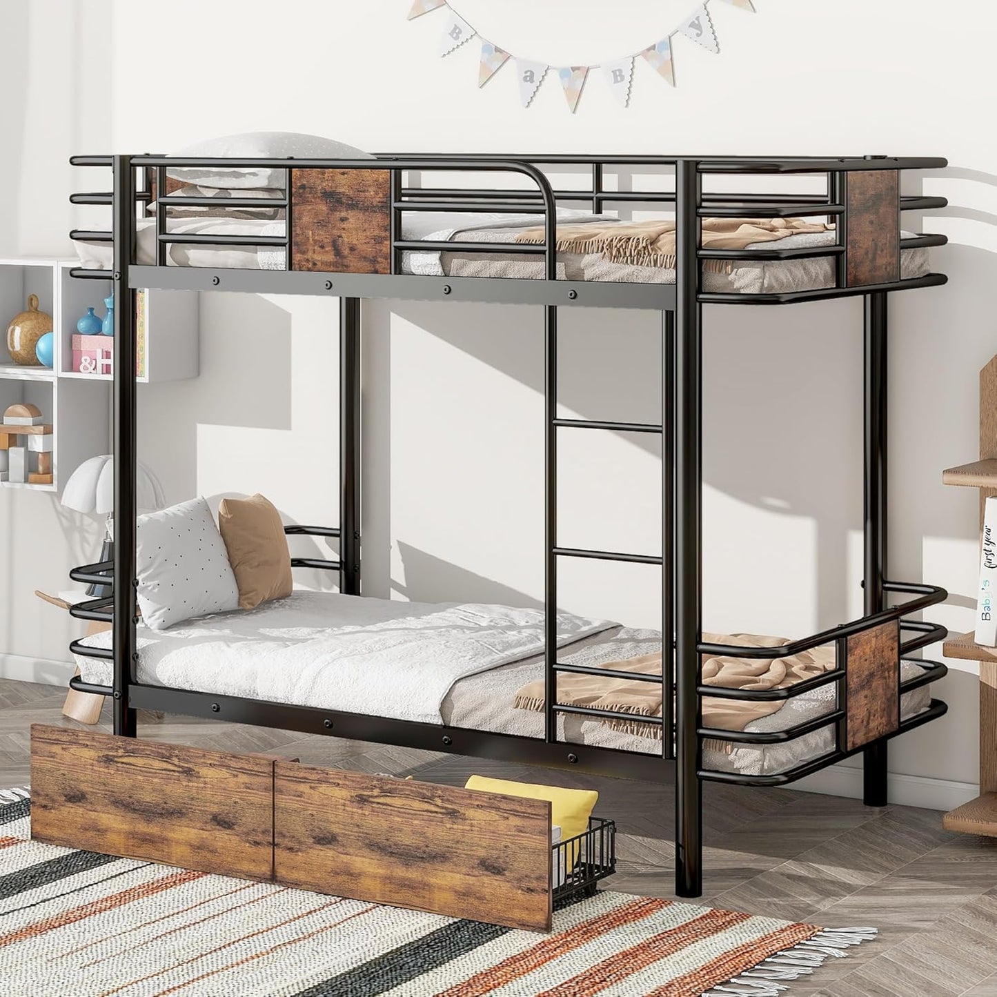 Twin XL Over Twin XL Metal Bunk Bed with MDF Board Guardrail,an Integrated Ladder,Full-Length Guardrails and Two Storage Drawers,Industrial Modern bunk-Bed,No Box Spring Needed,Black