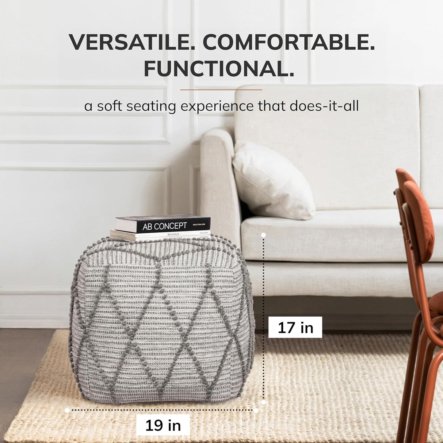 Anji Mountain 100% Handmade & Handcrafted Comfortable Home Décor Pouf Ottoman Footrest for Living Room, Bedroom, Nursery, Kidsroom, Patio Furniture - (19" x 19" x 17"- Warm Gray)