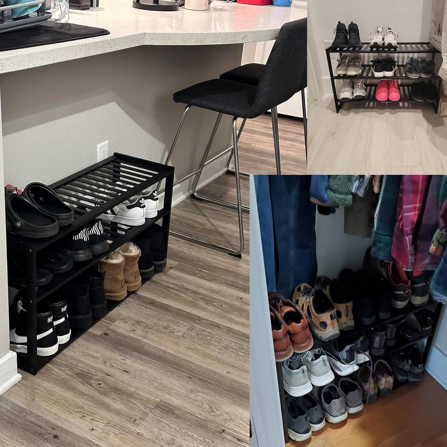 Bamboo Shoe Rack for Closet, Stackable 3 Tier Longer Shoe Organizer Shelf Holder Storage 12-15 Pairs for Entryway Door Hallway Bedroom Garage Space Saving Foldable Black