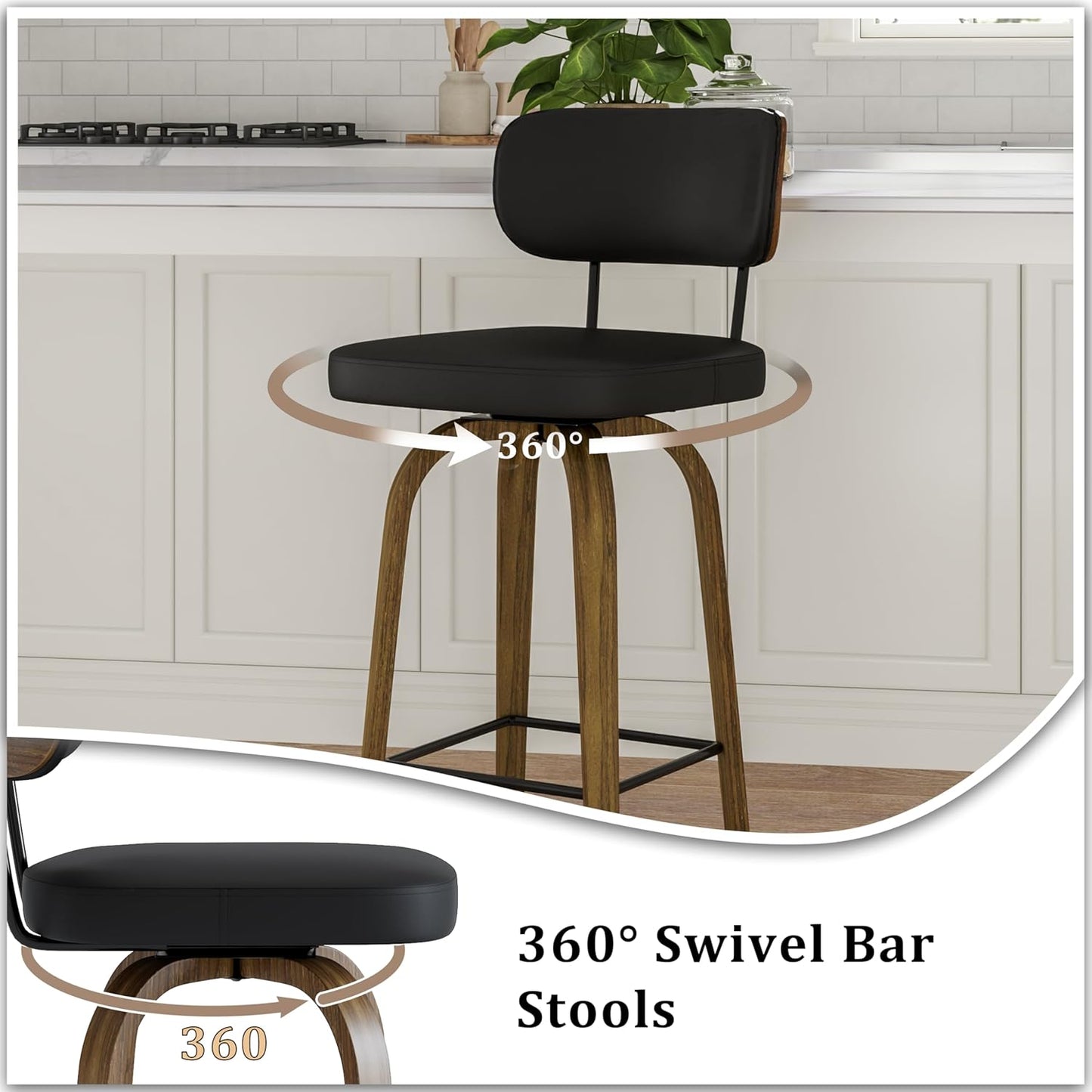 Swivel Counter Height Bar Stools with Back Set of 2, 26" Faux Leather Kitchen Bar Stools with Wood Legs and Metal Footrest for Kitchen Island (Black PU)