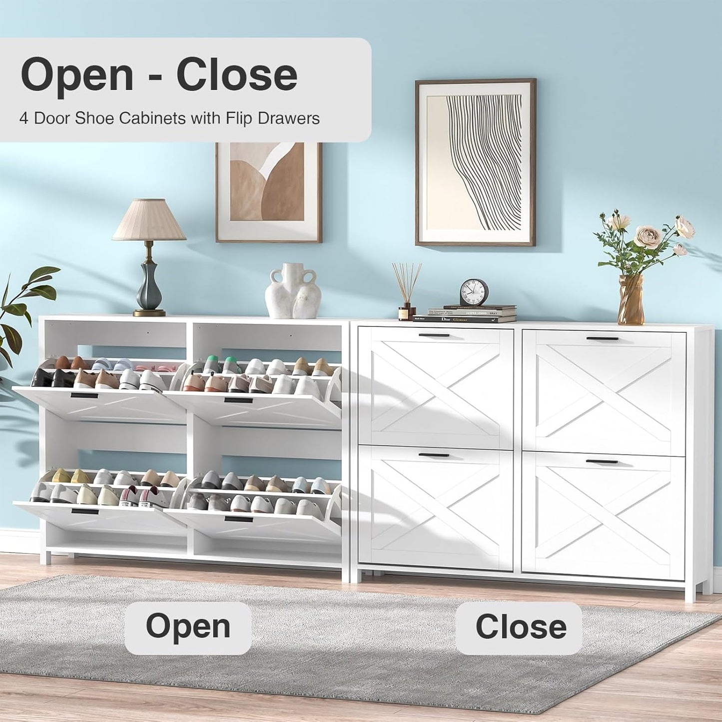 47" W Large Shoe Storage Cabinet with 4 Flip Drawers, Freestanding Hidden Shoe Cabinet Organizer with Adjustable Shelf, Narrow Shoe Cabinet for Entryway Hallway Living Room