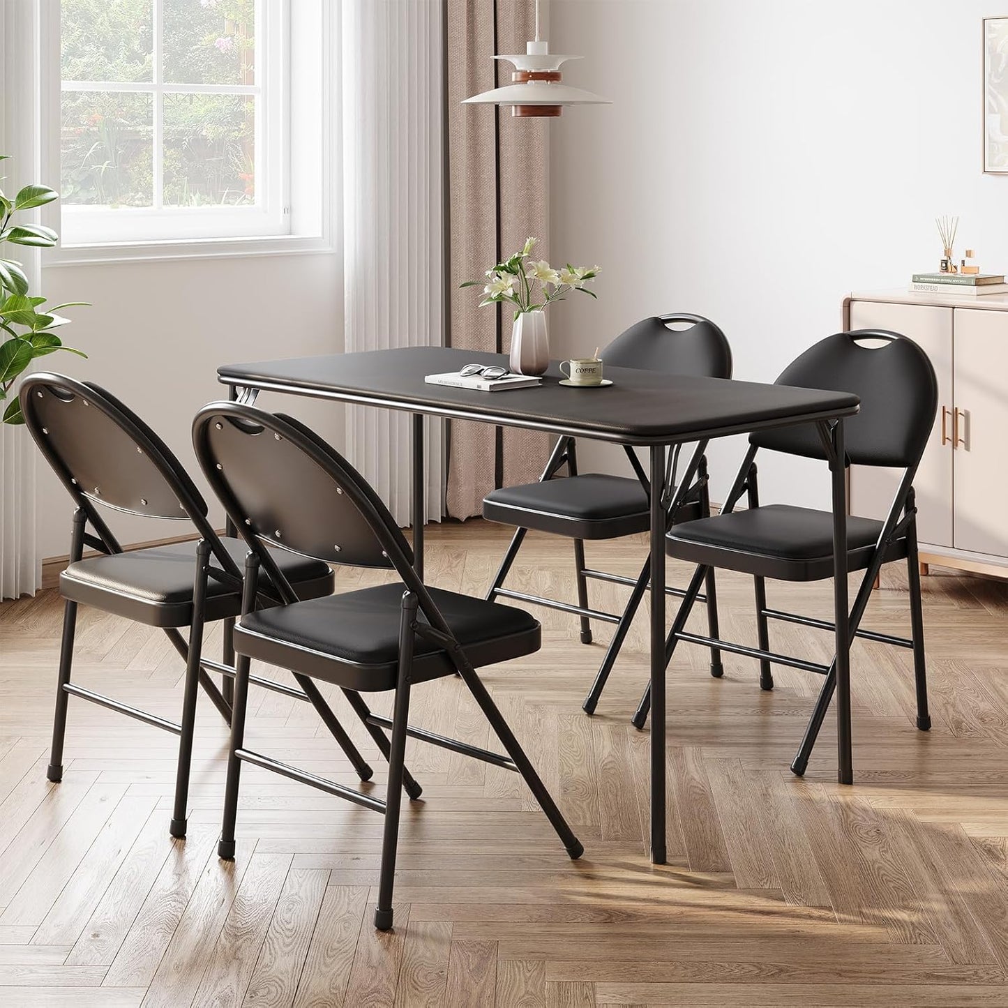 IDEALHOUSE Protable Folding Table and Chairs, 5 Piece Folding Card Table and Chairs Set, Foldable PU Upholstered Table and Chairs Set of 5, for Dining Room, Living Room, Office, Camping, Black
