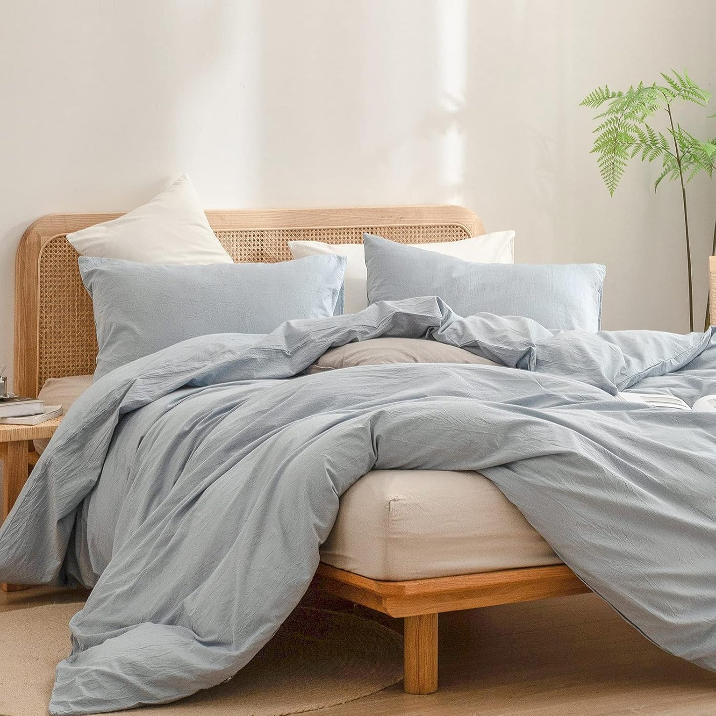 BESTOUCH Duvet Cover Set 100% Washed Cotton Linen Feel Super Soft Comfortable Chic Lightweight 3 PCs Home Bedding Set Solid Cornflower Blue Oversized King