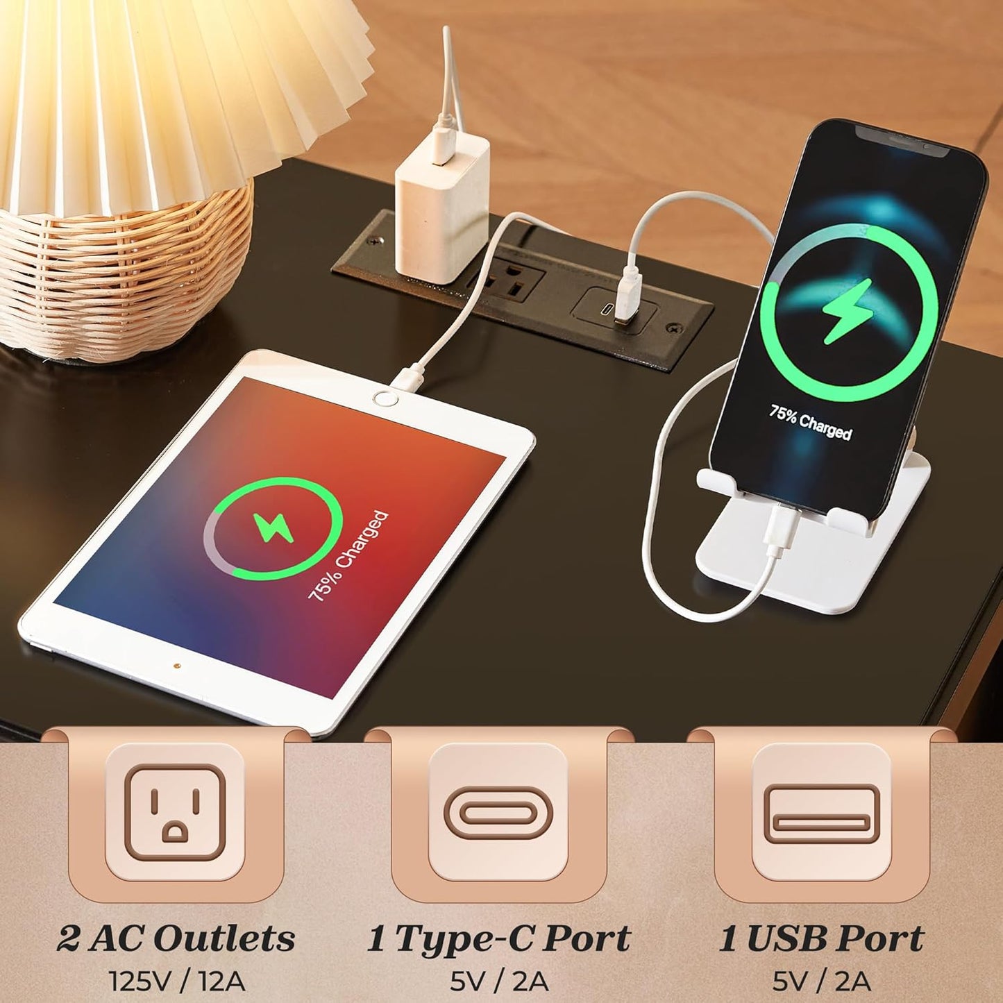 Huuger Nightstand with Charging Station, Black Nightstand with 2 Drawers, Bed Side Table for Bedroom, Bedside Table with Storage, Modern Nightstands, Metal Knobs, Painted Surface