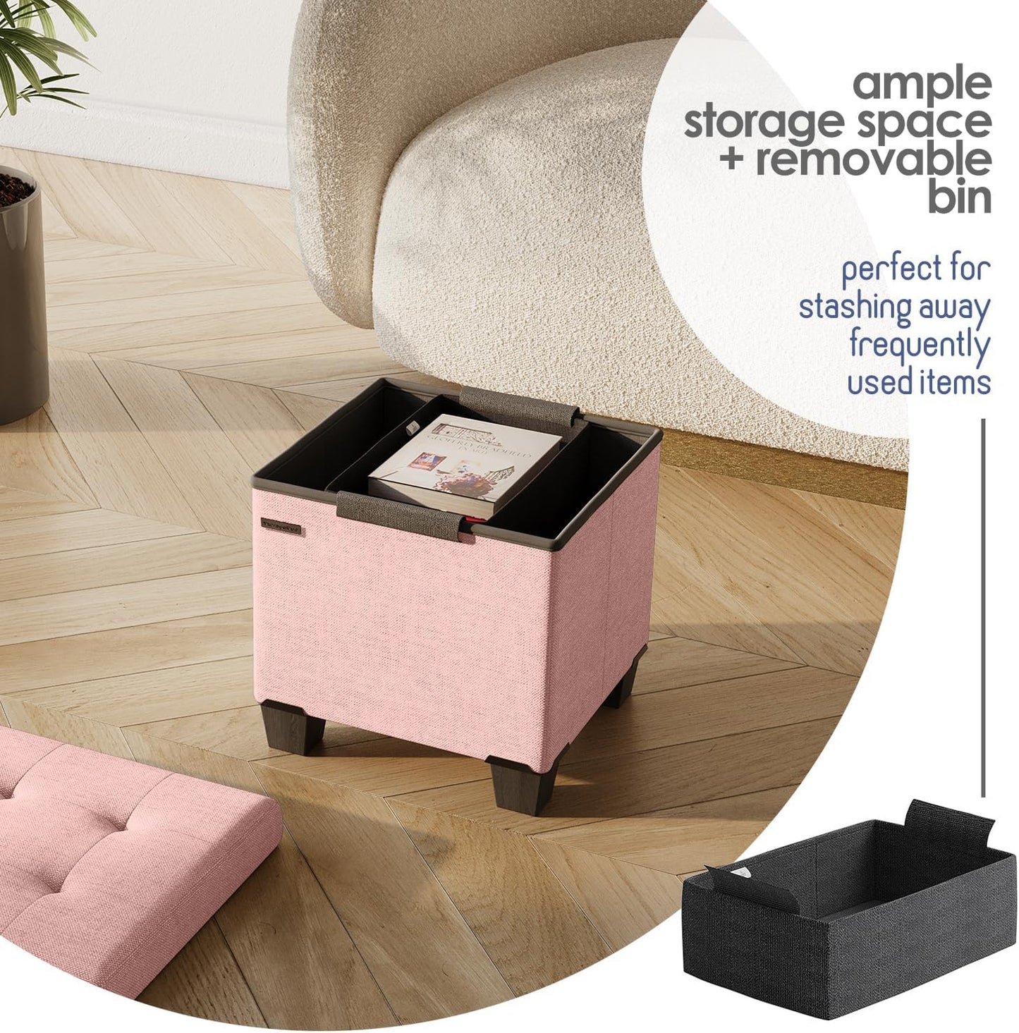 STORAGEBUD Storage Ottoman Cube with Small Bin, 16-in Square Ottoman with Storage for Living Room and Bedroom, Small Ottomans Foot Rest, Fabric Foot Stools Ottomans Max 330lbs, Pink