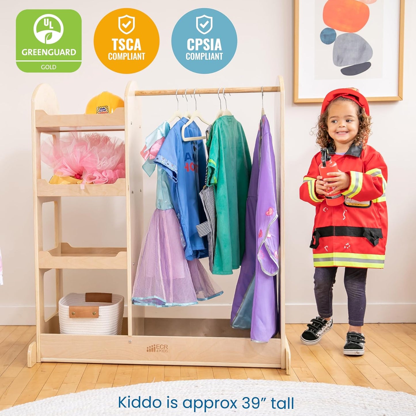 ECR4Kids Dress Up Center with Mirrors, Costume Organizer, Natural