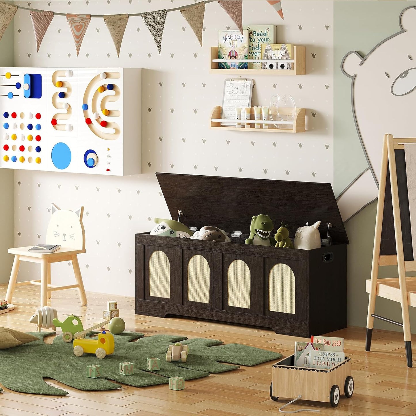 DINZI LVJ Storage Chest, 47.2" Rattan-Like Toy Box with 2 Safety Hinges, Wooden Entryway Storage Bench with Flip-Top, Large Trunk for Living Room, Bedroom, Easy Assembly, Espresso and Natural