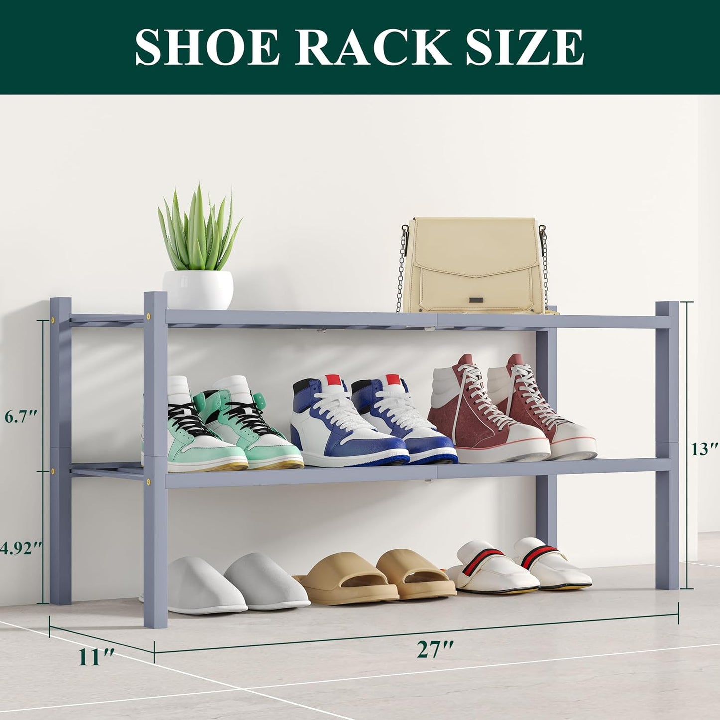 Smiry Shoe Rack, 2 Tier Bamboo Shoe Organizer, Stackable Free Standing Wooden Shoe Storage Shelf for Closet, Entryway, Front Door Entrance, Grey
