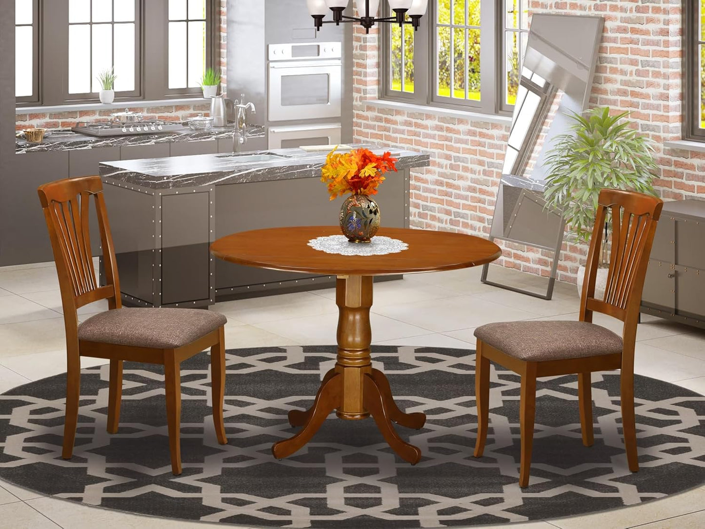 East West Furniture DLAV3-SBR-C 3 Piece Dining Room Table Set Contains a Round Dining Table with Dropleaf and 2 Linen Fabric Upholstered Chairs, 42x42 Inch, Saddle Brown