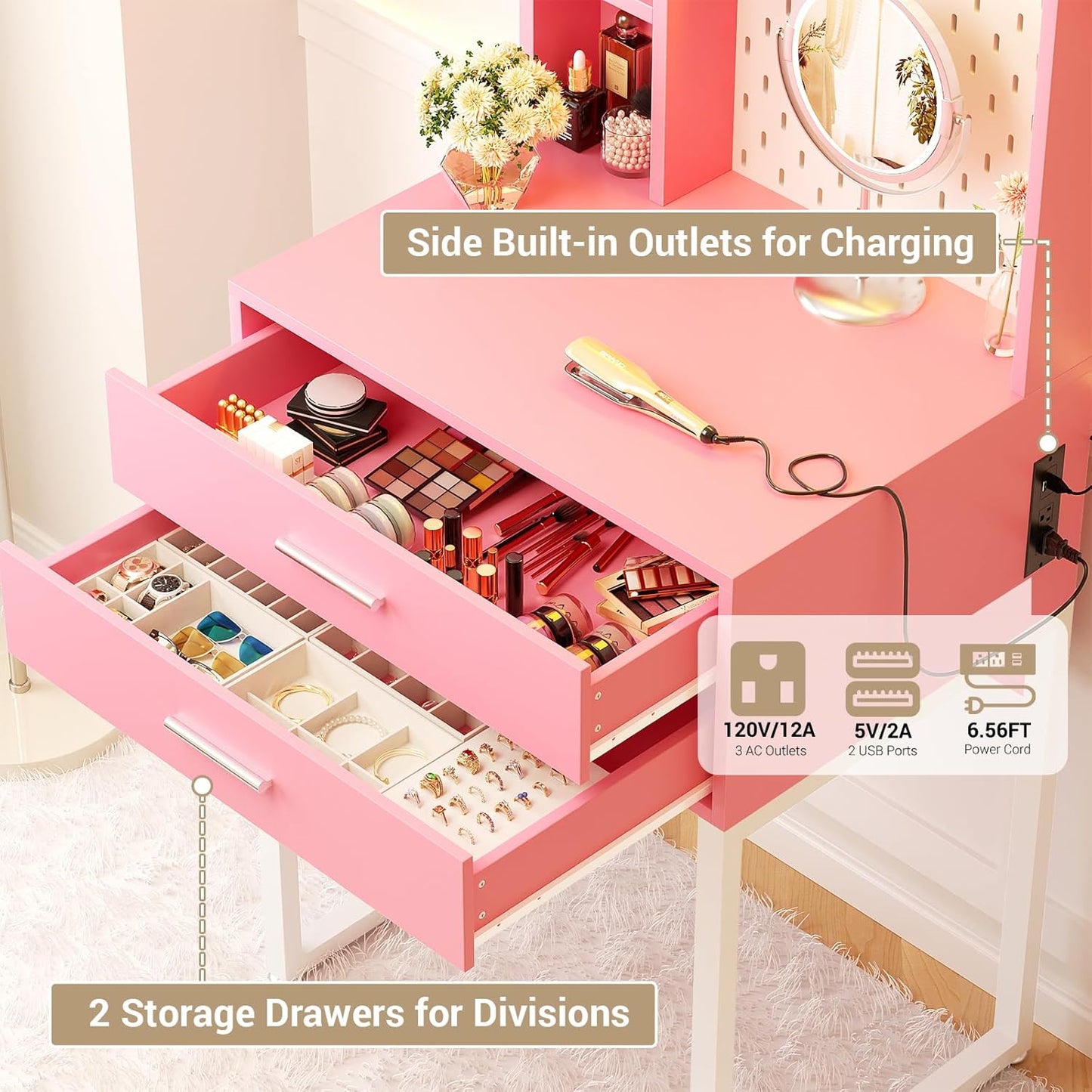Small Vanity Desk with Hutch and Drawers, Pink Makeup Vanity Desk with Outlets, Vanity Table Dressing Table with LED Lights, Vanity Desks No Mirror with Pegboard for Girls Women, 24"