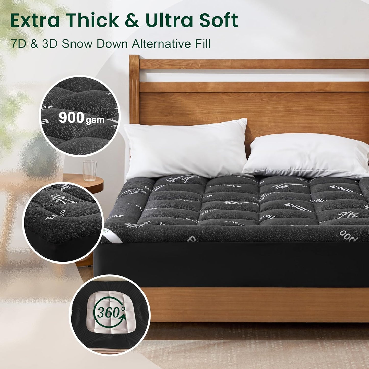 Love's cabin Full Size Mattress Topper, Rayon Derived from Bamboo, 900 GSM Mattress Topper Pad, Thick Pillow Top Mattress Pad with Stretches up 8"-20" Deep Pocket(54"x75"), Black