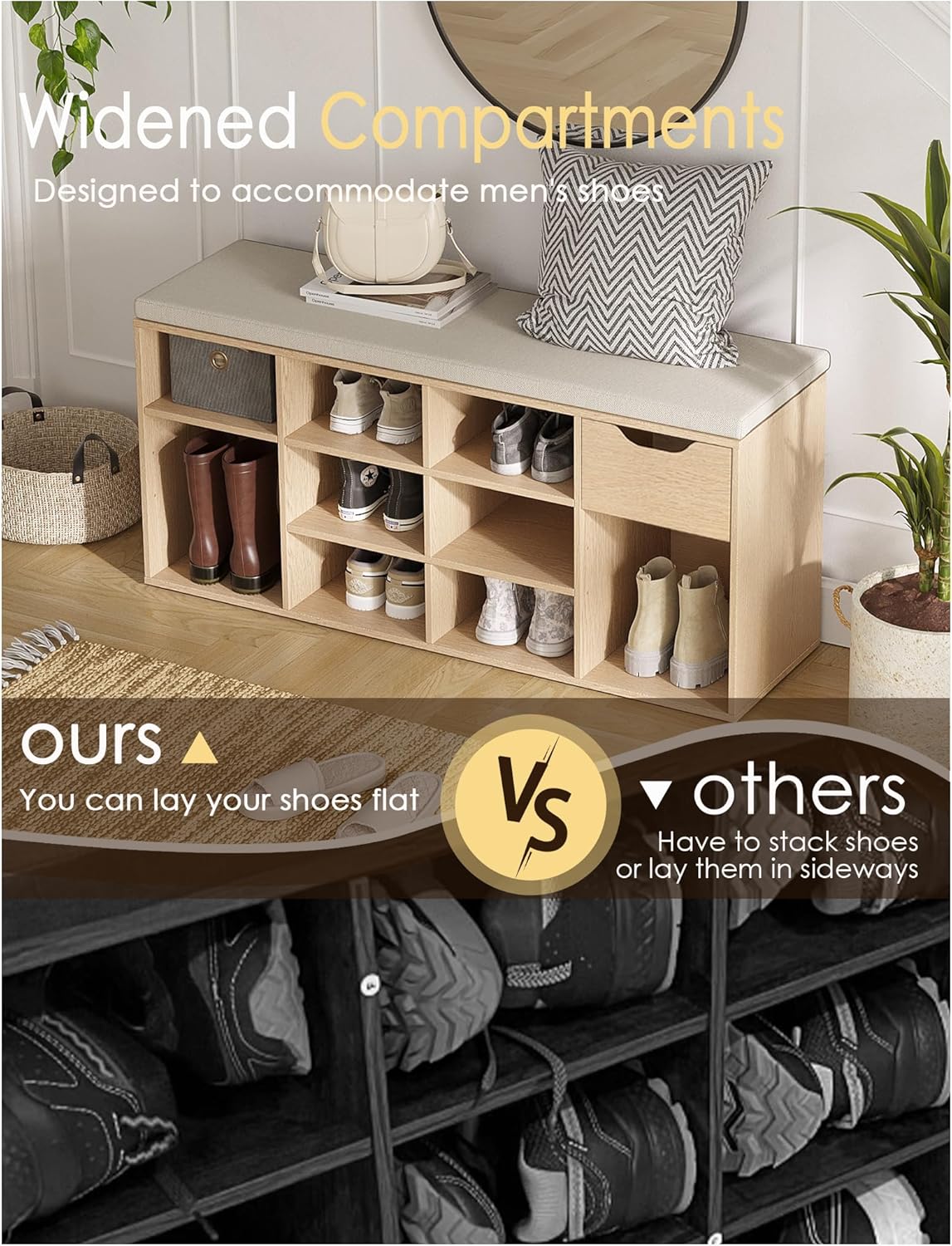 DINZI LVJ Shoe Storage Bench with Cushion, 11- Cubby Entryway Bench with Drawer and Adjustable Shelves, 40.9" Long Cubby Shoe Rack for Living Room, Bedroom, Mudroom, Natural and Cappuccino Beige