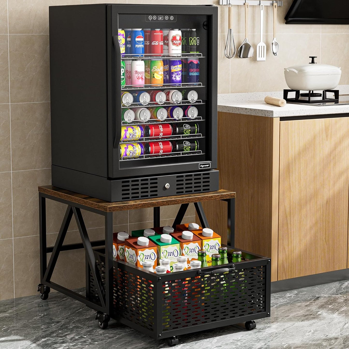 Urban Deco Mini Fridge Stand with Storage, Heavy Duty Fridge Cart with Drawer Basket, Mini Refrigerator Table for 220 LBS, Mobile Fridge Stand with Swivel Wheels for Dorm,Office,Home,Retro Brown