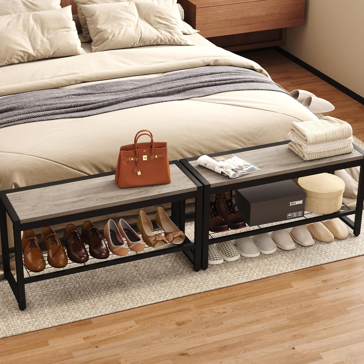 HOMEFORT 2 Tiers Shoe Bench, Retro Industrial Shoe Storage Bench with Mesh Shelf and Sturdy Metal Frame, Metal Shoe Rack Bench for Hallway, Mudroom, Living Room, Washed Gray