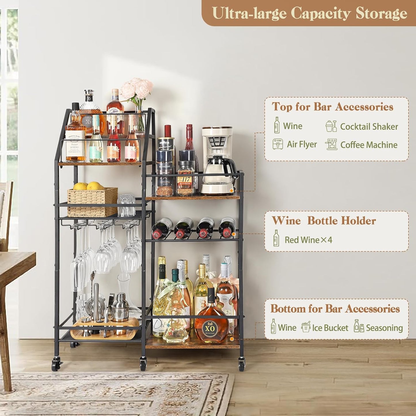 VINAEMO Rolling Bar Cart with Wine Glass Holder, Mini Bar for Whiskey Wine, Liquor Cart for Home, Alcohol Cabinet for Kitchen, Dining Room