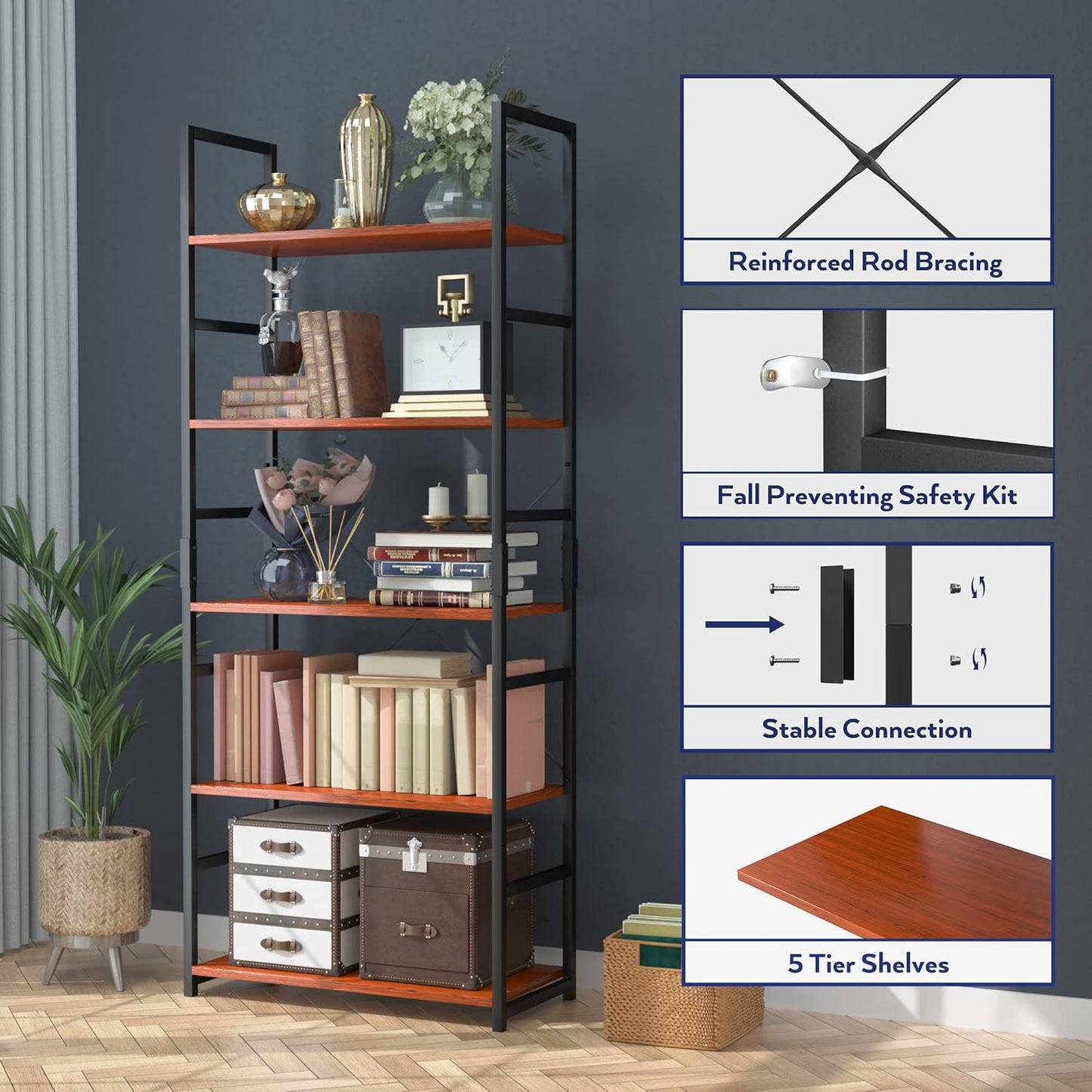 NUMENN 5 Tier Bookshelf, Tall Bookcase Shelf Storage Organizer, Modern Book Shelf for Bedroom, Living Room and Home Office, Teak