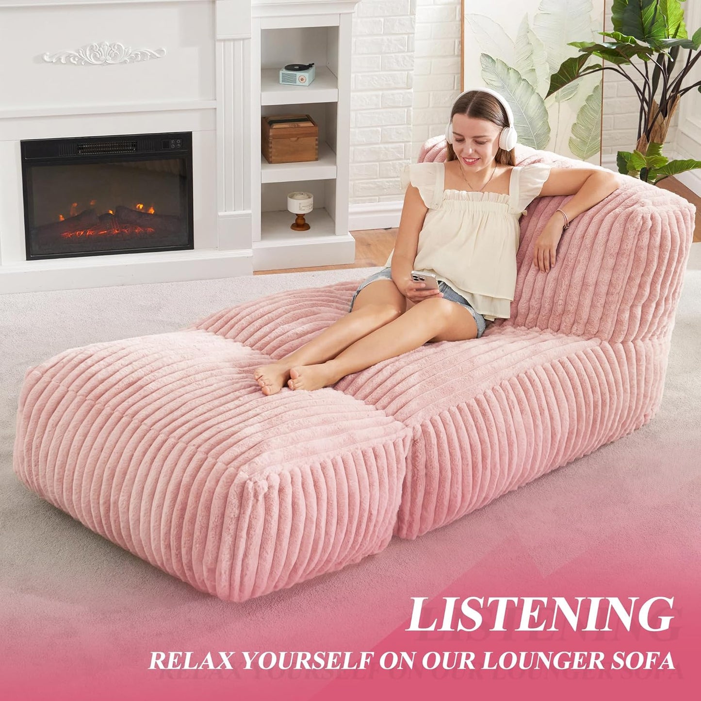 Hobestluk Big Bean Bag Lounger Chairs Large Beanbag Chair for Adults Bean Bag Sofa with Memory Foam Filled for Living Room, Bedroom or Balcony (Stripe Pink)