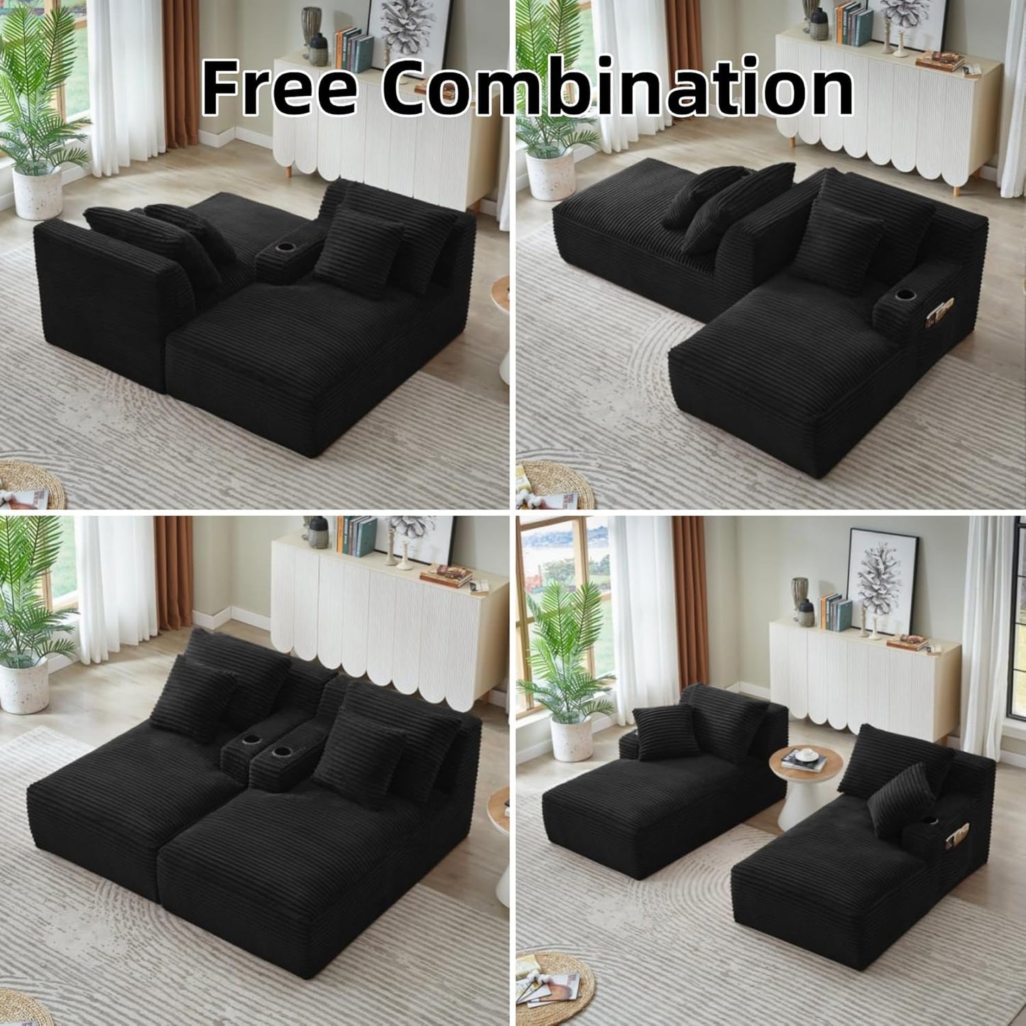 Oversized Sectional Double Chaise Lounge, Compressed Boneless Lounge Chaise with Cupholders, Boneless Sofa with Deep Seat, Fluffy Modern Sleeper Loveseat for Indoor Living Room, Black