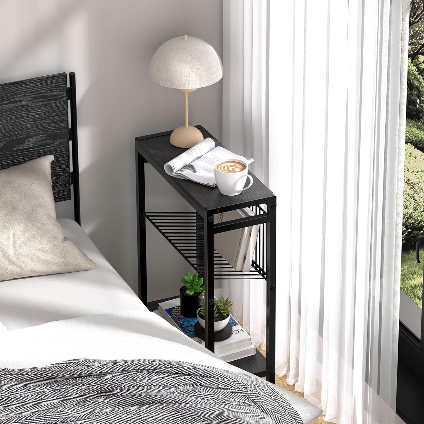 End Table for Small Space, 3-Tier Narrow Side Table with Magazine Holder, Nightstand, Skinny Snack Couch Table in Living Room, Bedroom Study and Balcony (Black)