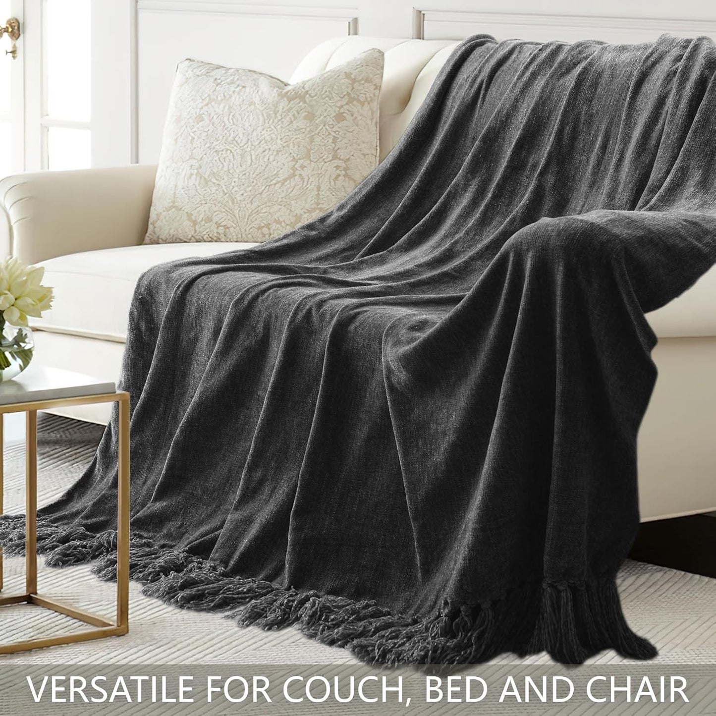 Chenille Throw Blanket for Couch 60"X 80" Twin, Soft Cozy Throws with Fringe Tassel for Bed Sofa Chair Cover, Lightweight Knitted Decorative Boho Blankets for Living Room, Dark Grey