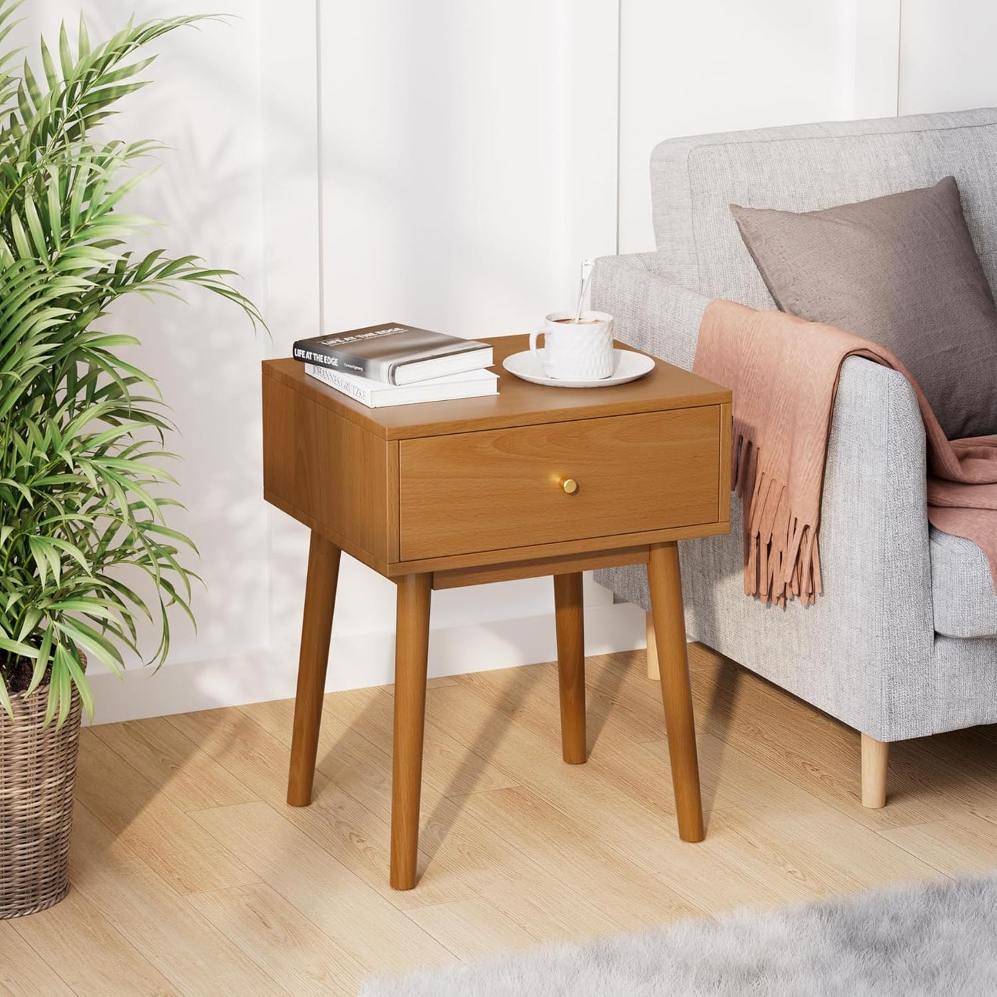Small Solid Wood end Table with 1 Drawers, Mid-Century Modern Night Stand/nightstands,Side Table with Storage (Caramel)