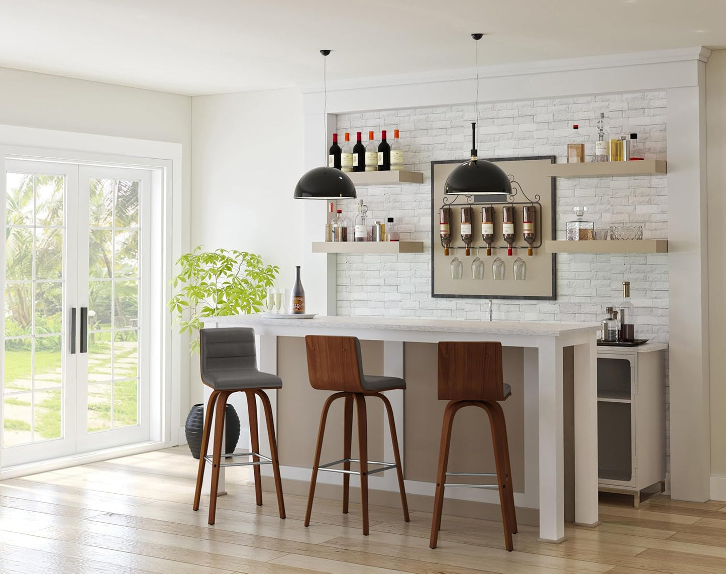 Vienna 30" Swivel Bar Stool in Walnut Wood Finish with Gray Faux Leather - Set of 4