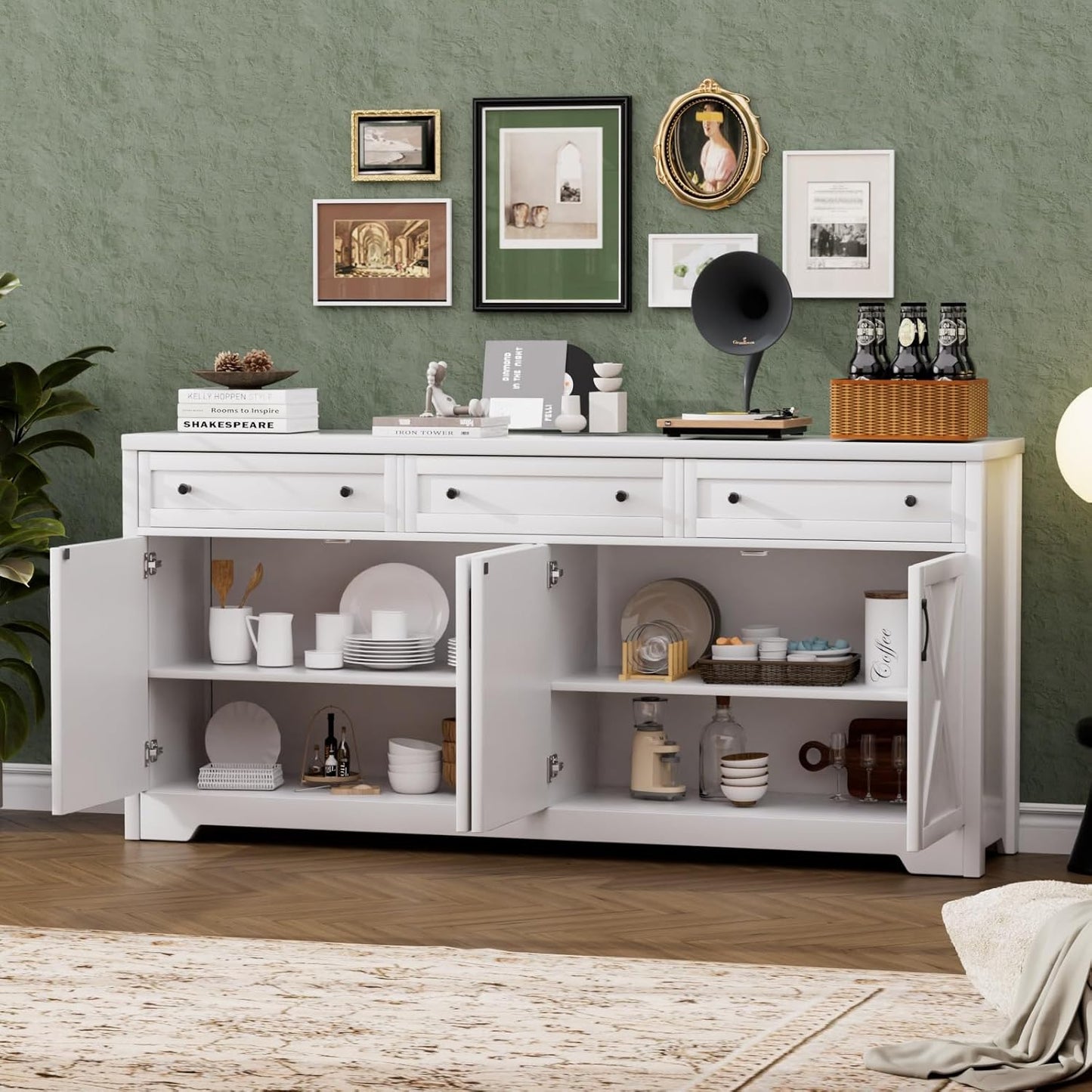 66'' Farmhouse Sideboard Buffet Cabinet with Storage, Large Kitchen Storage Cabinet with Barn Doors Drawers, White Coffee Bar Table for Dining Room Kitchen