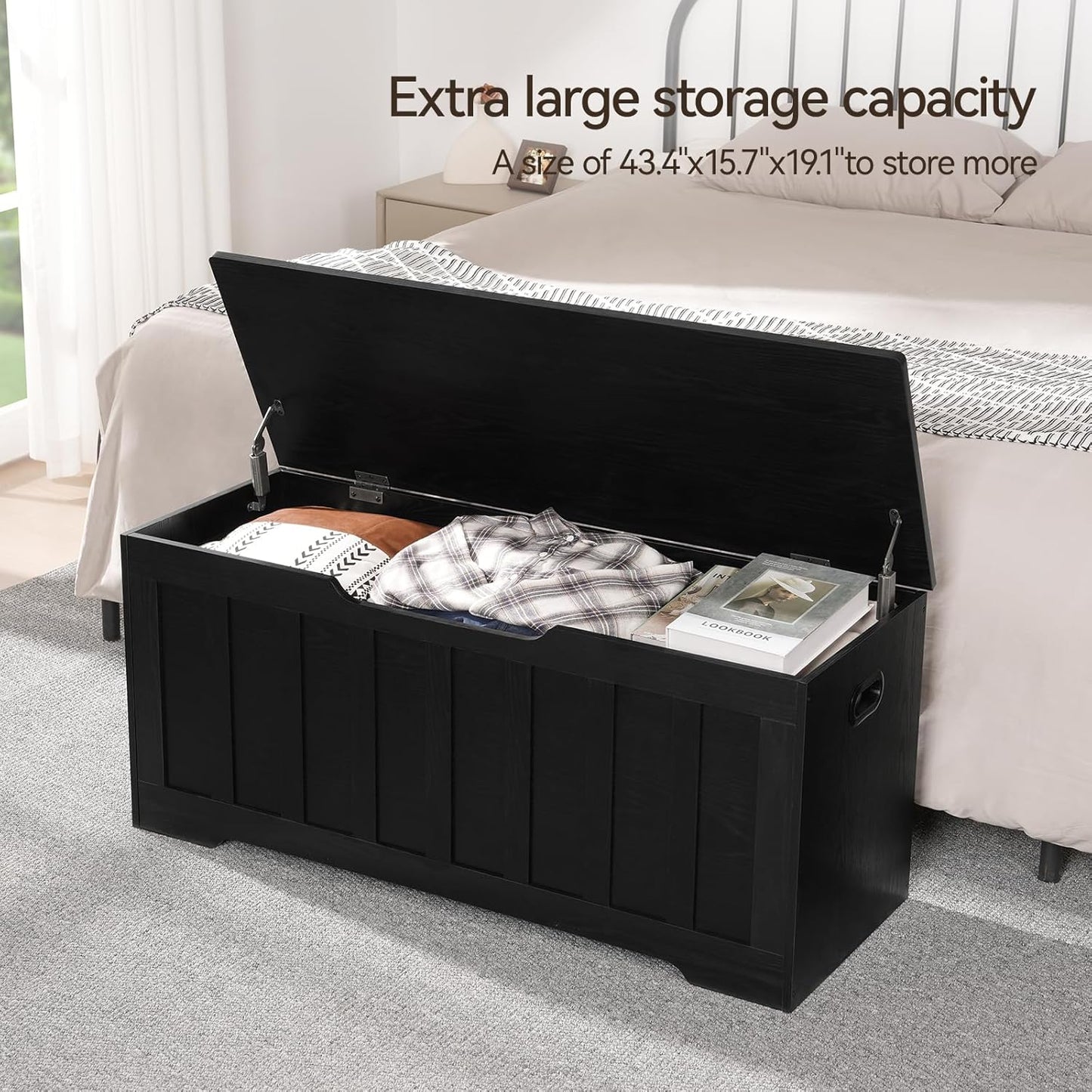 43.3" Storage Chest Extra Large,Storage Trunk with 2 Safety Hinges,Wooden Storage Bench,Shoe Bench,43.3x15.7x19.1 Inch,Easy Assembly,Storage Bench for Bedroom,Living Room,entryway(Black).
