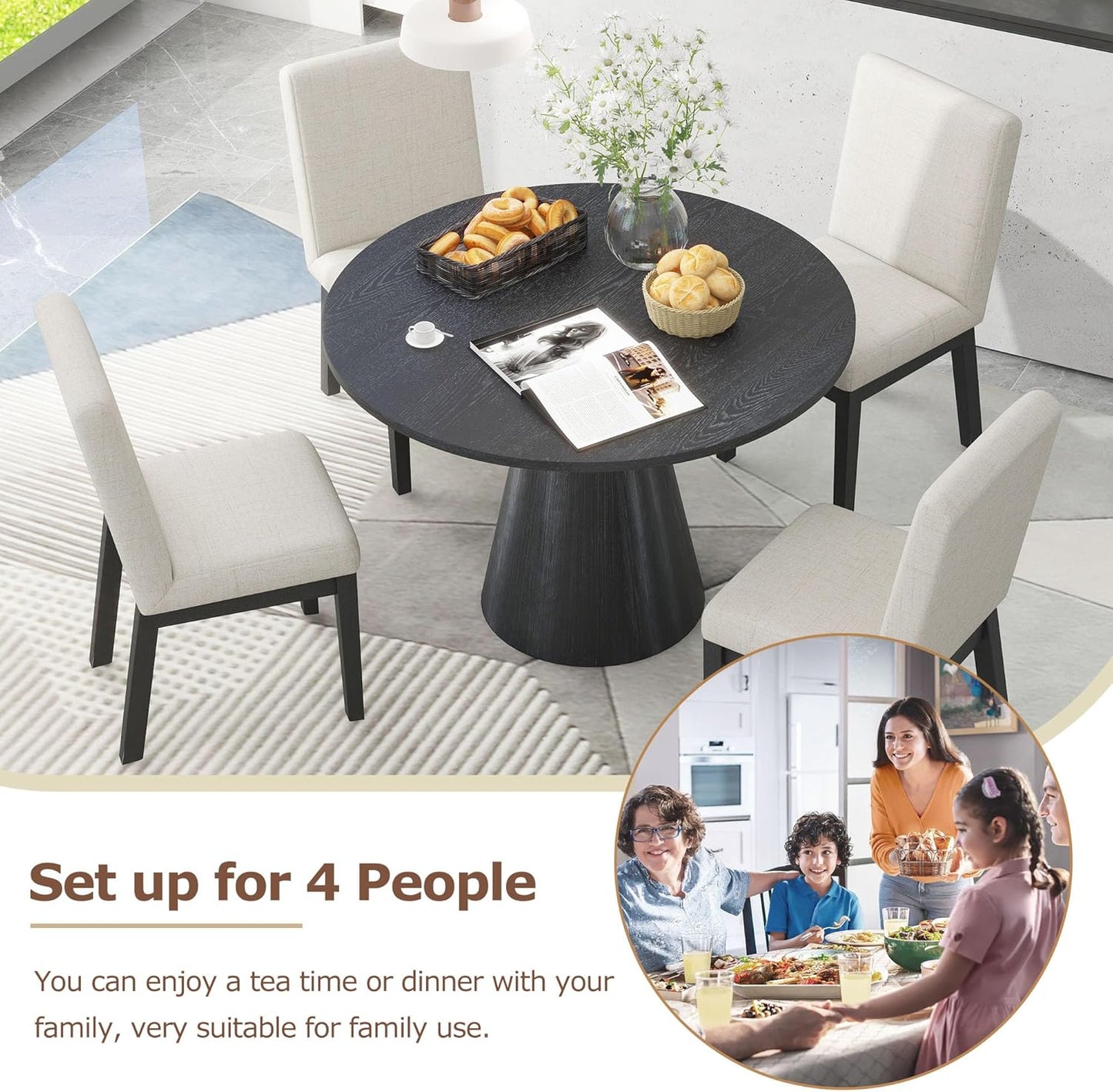 Wooden Kitchen Round Dining Table for 4-6, Round Kitchen Table with Circular Tabletop with Wood Pedestal Base, Rustic Farmhouse Furniture