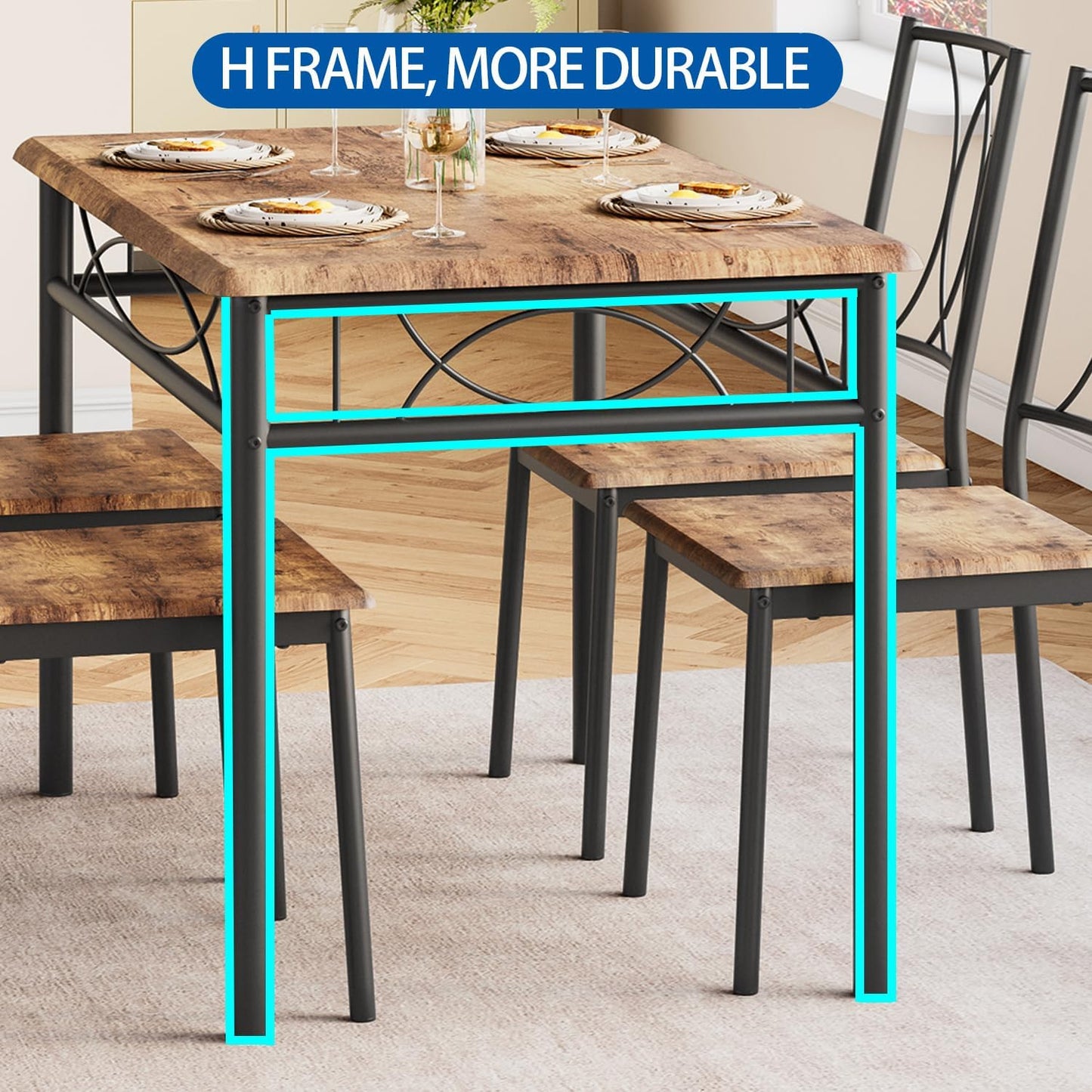 Dining Table Set for 4, Compact Kitchen Table and 4 Chairs, 5-Piece Kitchen Table Set, Space-Saving Design for Small Space, Dining Room, Apartment, Retro Brown