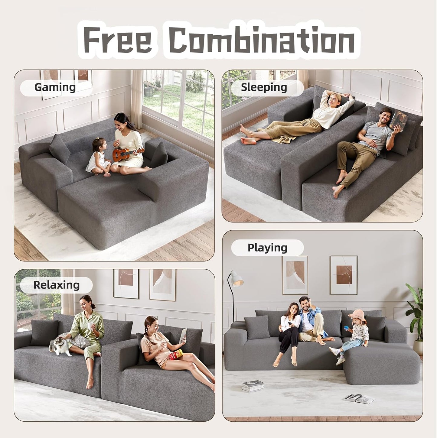 Cloud Sectional Couch, 104”L-Shape Oversized Sofa with Left Chaise Lounge, Modular Sleeper Couch with Pillows & Deep Seat, Rain Drop Velvet Fabric Compressed Sofa for Living Room, Light Gray